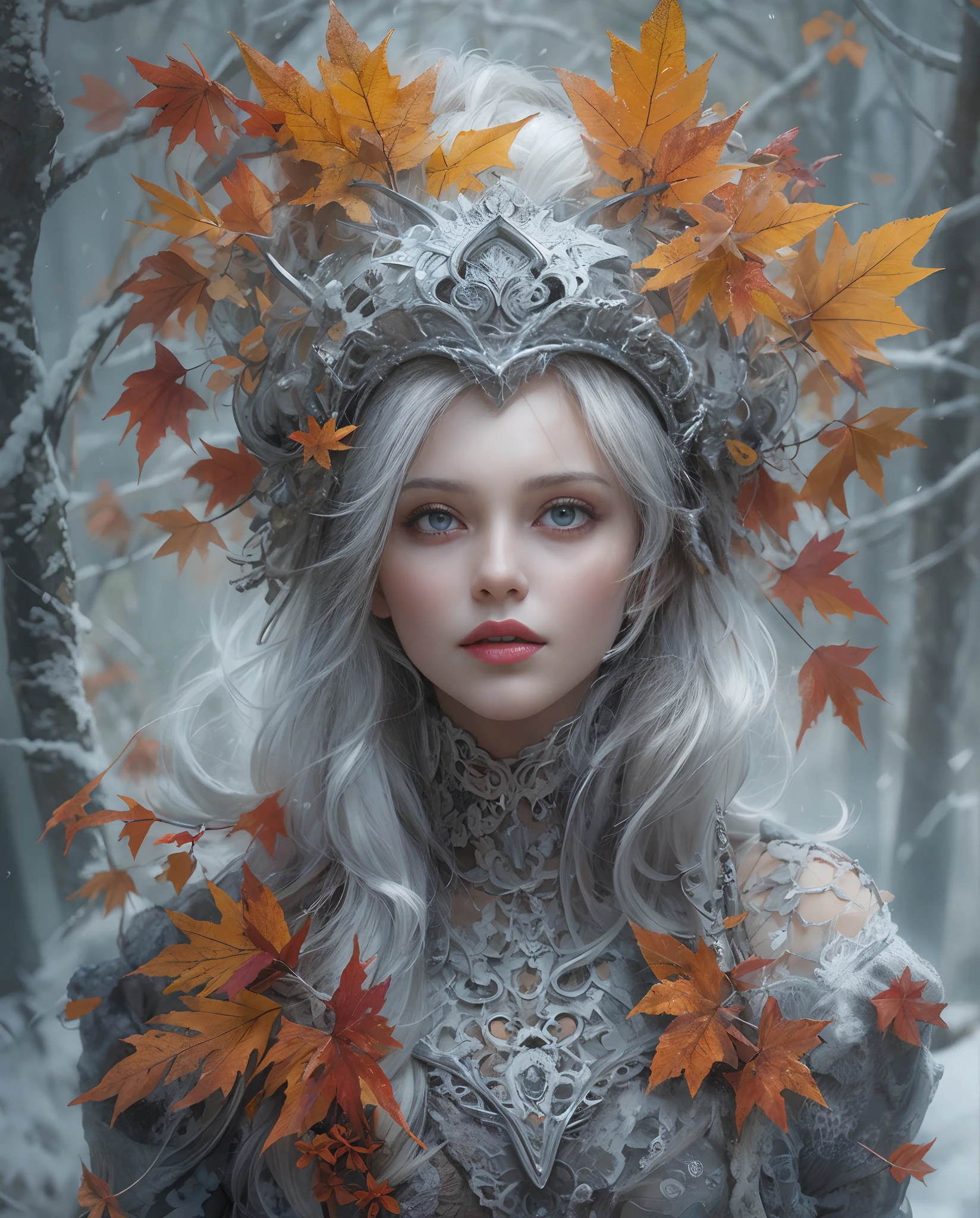 Best quality, masterpiece, meticulous details, intricate detail, realistic, a beautiful futuristic winter lady in halloween autumn