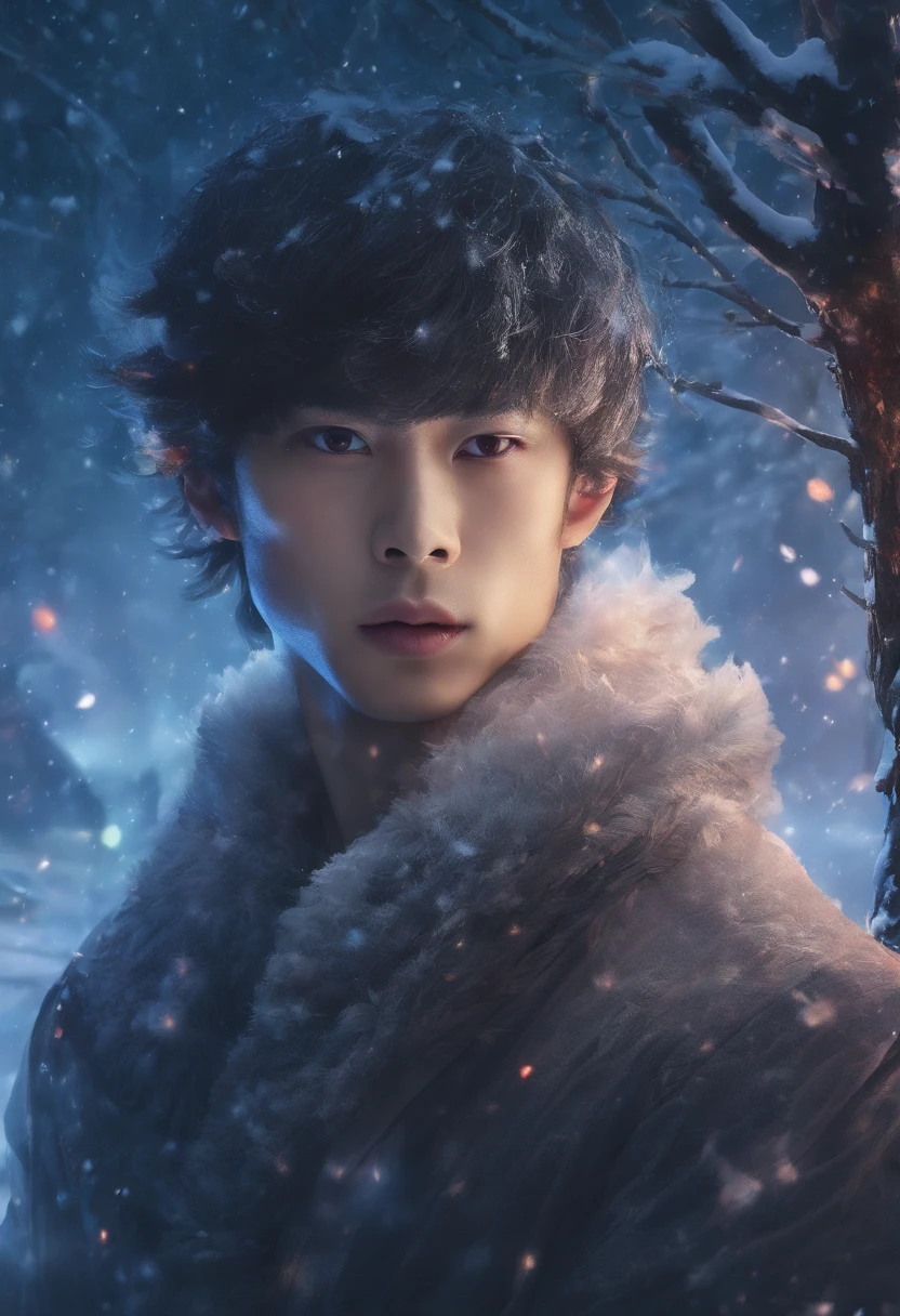 Winter lights, winter setting, Masterpiece, Young Korean idol boy in Focous shot, Korean male,Full body size, Christmas theme, With gray eyes, Vertical pupils, forest, whaite hair, Cold look, Lightweight, modern clothing, Pale skin, colorgrading, Lighting illustration, the person in the middle, Extreme quality, Radiant, Extremely detailed, Ultra-detailed face, Ultra HD 8K, ultra digitality, Mythical, Winter night lightning, Concept art portrait by Greg rutkowski, Art germ, ultra - detailed, intricate art, Fantasy style, triadic colours, Fantastical, intricately details, Splash screen, complementary colours, fantasy concept art, 8K resolution, Deviantart's masterpiece, Oil painting, Heavy strokes, Soft lighting, Film photography, analogue photography, filmgrain, anna dittmann, hyper photorealism, oil dripping,Boy,Male, Korean idol male face, Men with short hair,