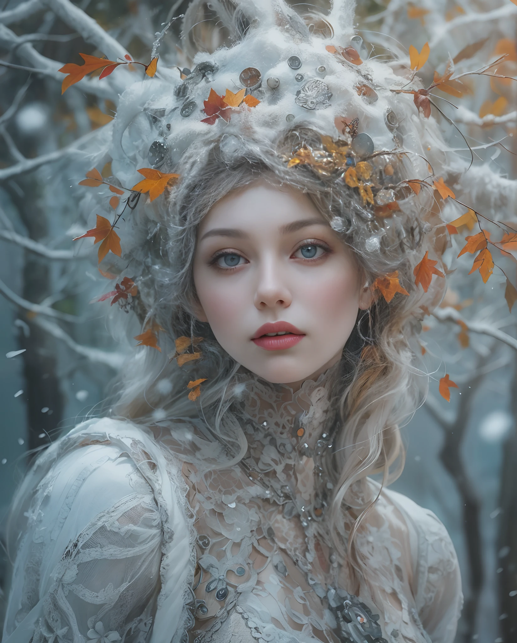 Best quality, masterpiece, meticulous details, intricate detail, realistic, a beautiful futuristic winter lady in halloween autumn