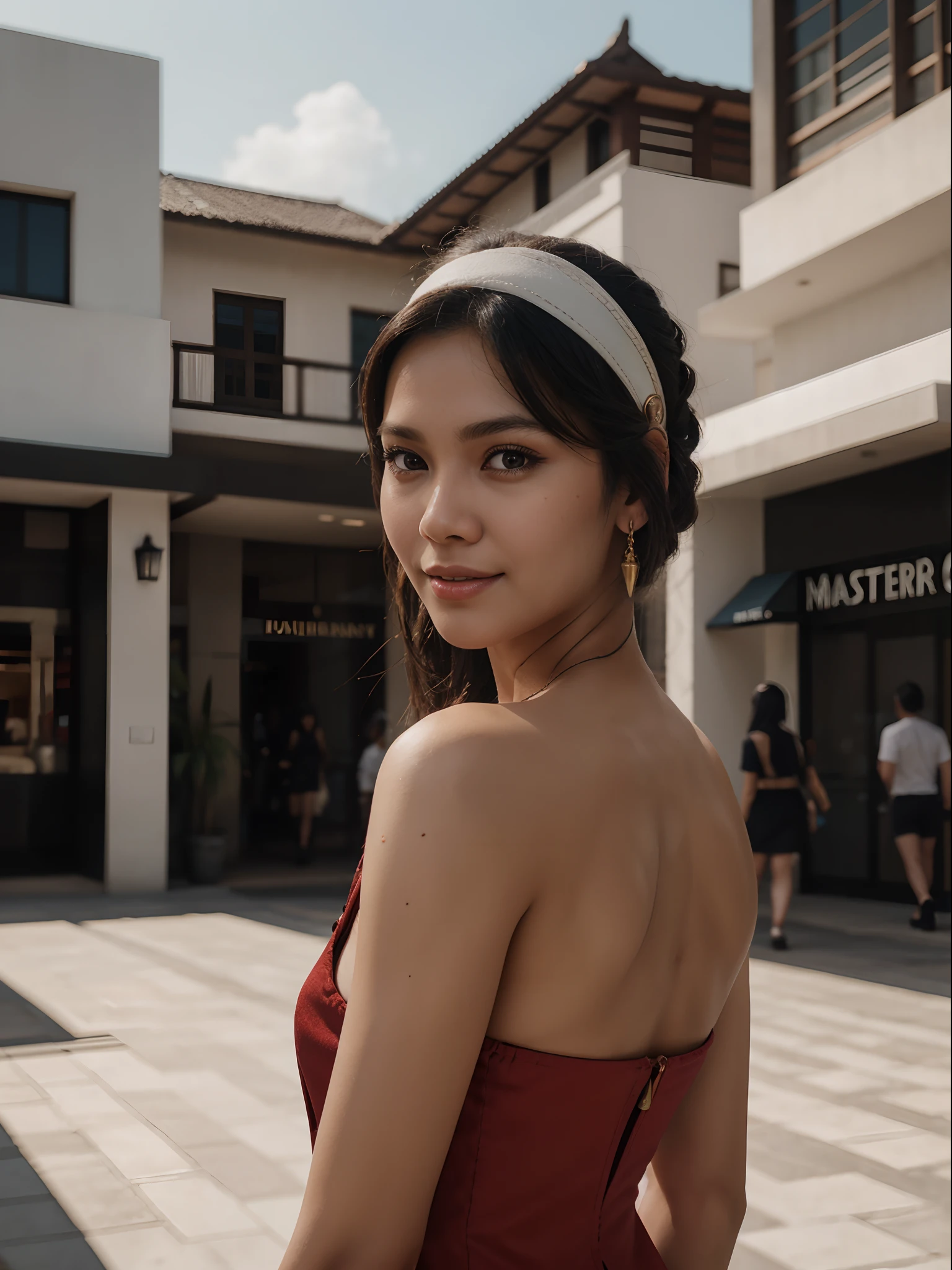 RAW photo, modelshoot style, natural skin, 8k uhd, dslr, high quality, Fujifilm XT3, 1girl, solo, photo of portrait of young beautiful bright (indonesian girl), warm indonesian skin, smile, cosplaying as yor briar, spy x family, reddress, white headband, black shoes, (full body shot:1.3) , look to the camera, in shopping mall, (best quality), (master piece), (photorealistic), (detailed), octane render,