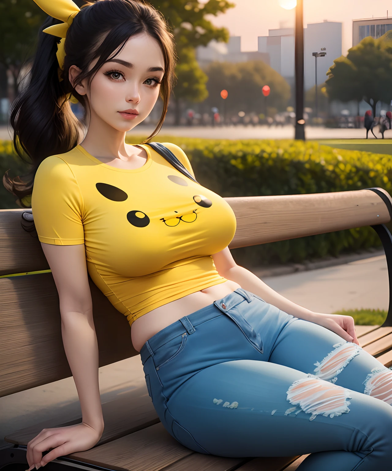 (Masterpiece, best quality), (highres, ultra-detailed), gorgeous woman with medium sized boobs, ((from front)), wearing yellow pikachu t-shirt, destroyed jeans, black hair, ponytail, sitting ,on a bench in a ((public park)), sunset, golden hour, pika_t-shirt