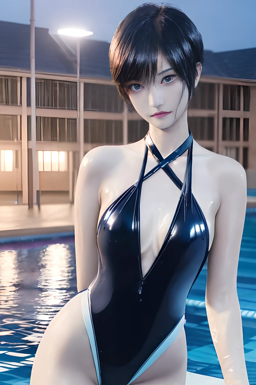 (Cinematic Digital Artwork: 1.3), High quality, masutepiece, of the highest quality, Super Detail, Illustration, [4K Digital Art]、(Moody lighting:1.2), depth of fields, Bokeh, 4K, Best Quality, masutepiece, 超A high resolution, (Photorealistic:1.4), Raw photo, masutepiece, Best Quality, girl with, Short black hair, ((((Glossy light blue swimsuit、reflecting light)))、maikurobikini、swimming pools、((Night Pool)), On the roof of a building、deep in the night、Pink lighting、Girls on the background 10、A big smile、(Sweat,steam),  Wet body、(Open mouth)、Slender body type、Constriction、Skinny face、medium chest、