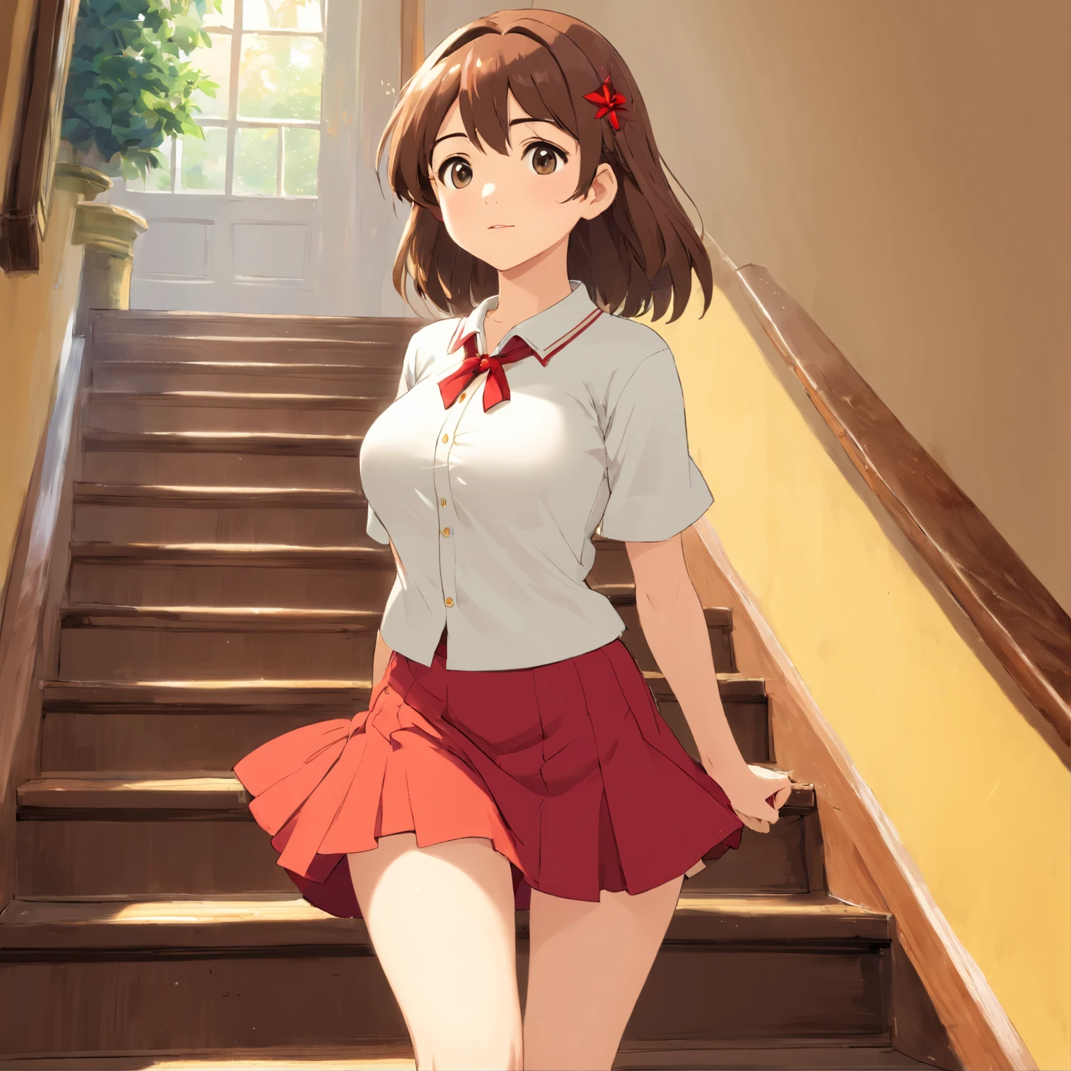1 beautiful girl, beautiful countenance, (shapely body:1.2), Realistic, Highly detailed CG unified wallpaper 8K, ighly detailed, Raw high-definition color photos, Professional Photography, Realistic portrait, ciinematic light, Beautiful detailed, (Beautiful breasts), (Breast cleavage:1.2), (Wide-chested uniform:1.2), (Mini skirt:1.3), (White panty)、(:1.5), cameltoe details, Indoors, School, (Best Quality:1.4), ((Climb the stairs))、((Turn you to me:1.5))、super detailing, hiquality, (look from down)