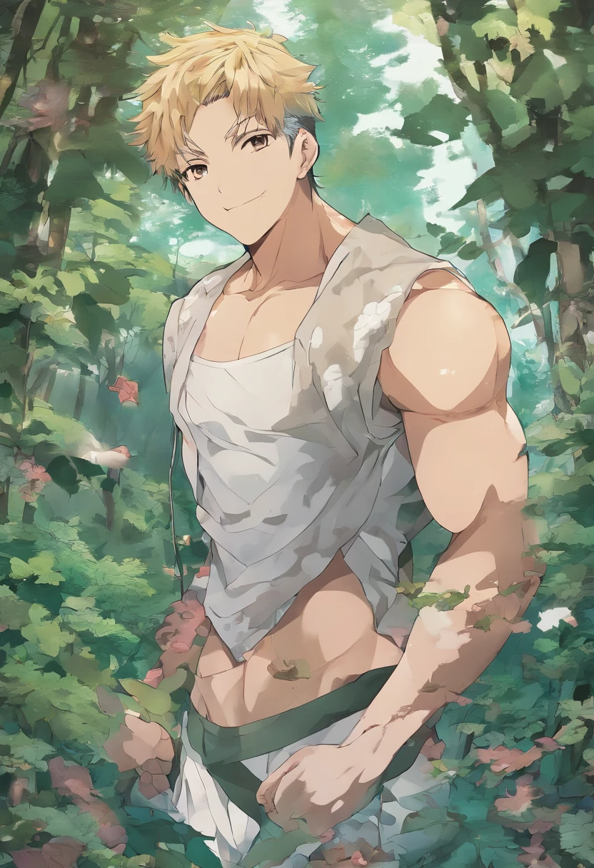 high resolution, male, man, anime boy, cute smile, pleasure, sweaty, uncensored, NSFW, penetration, sweaty, big plump chest, big pecs, lace underwear, chubby, playing with , vibrator, forest, tentacles, monsters watching