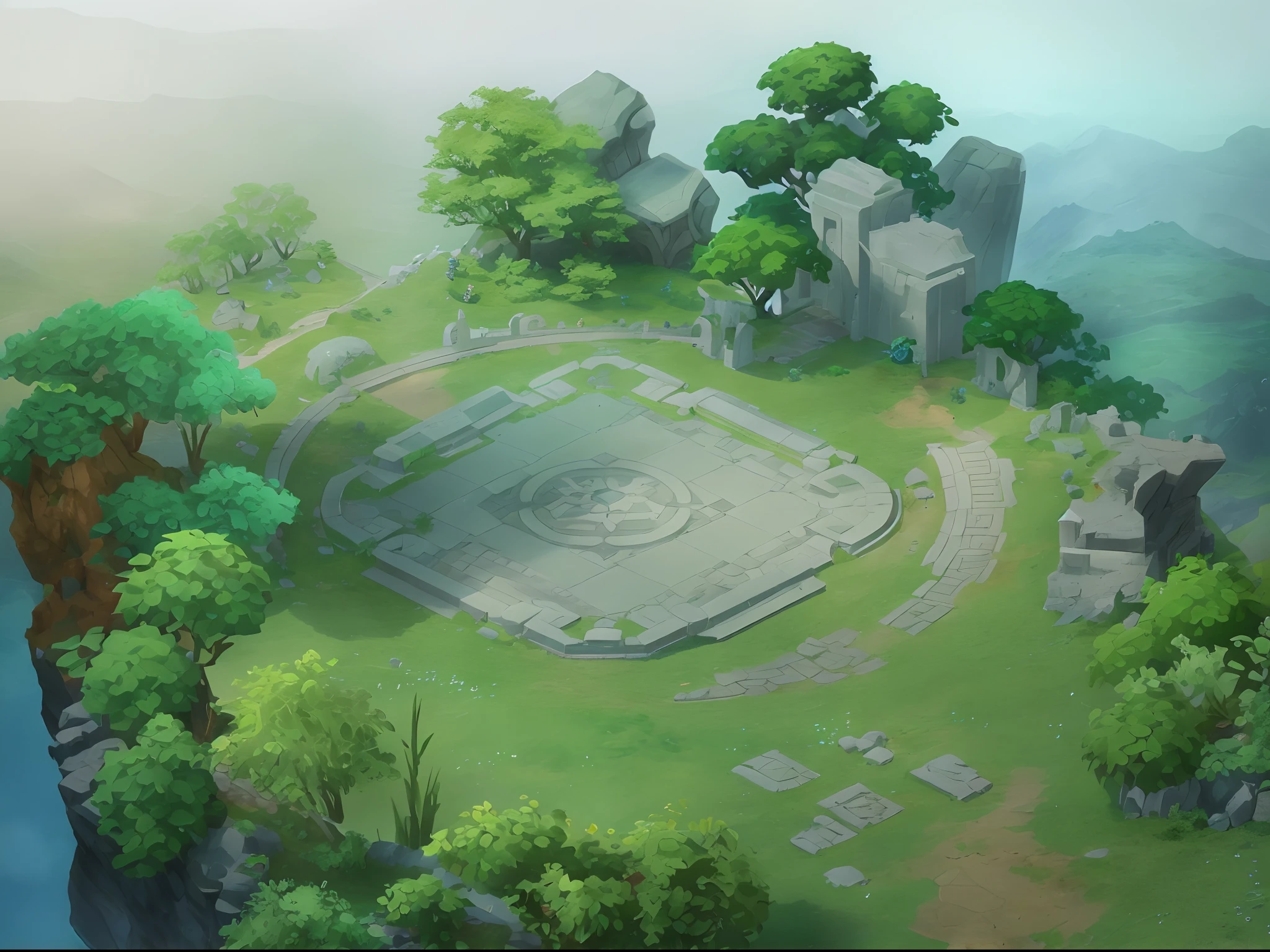 There is a small island with a stone structure in the middle, Xiu Immortal Arena background, ancient ruins background, arena background, arte de fundo, Mobile game background, painted as a game concept art, isometric game art, background artwork, ingame image, city ruins background, The background is the mountain plain, Chinese style architecture in background,Detailed game art，45 degree viewing angle，highest  quality，Cartoon anime style art