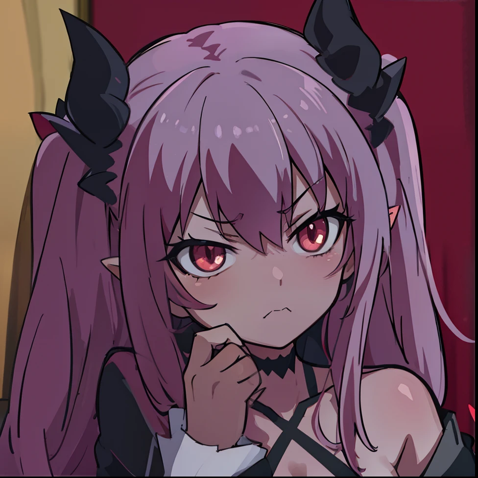 Anime style. Demon Girl. rose hair. red-eyes. Hand on cheek. Dark outfit. sharp ears. indifferent face. demonic horns