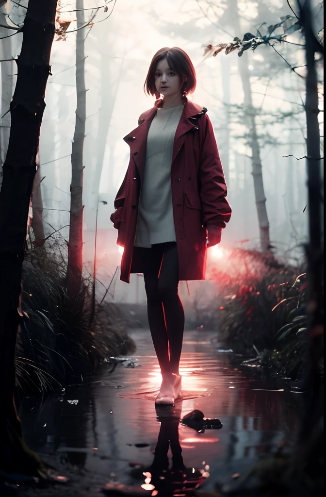 Girl in a red coat, standing in a puddle of water, 4k Wallpaper, 8K