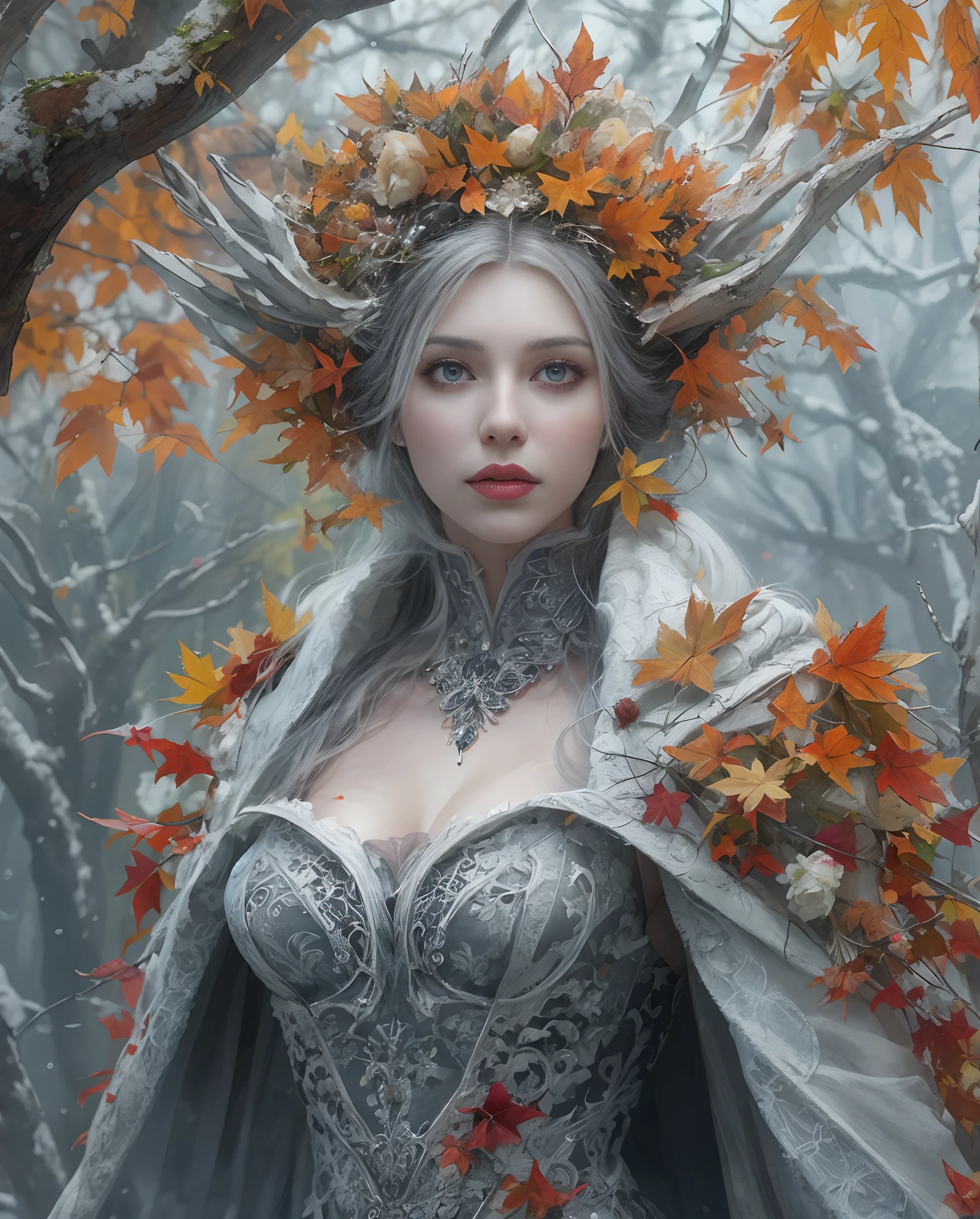 Best quality, masterpiece, meticulous details, intricate detail, realistic, a beautiful futuristic winter lady in halloween autumn