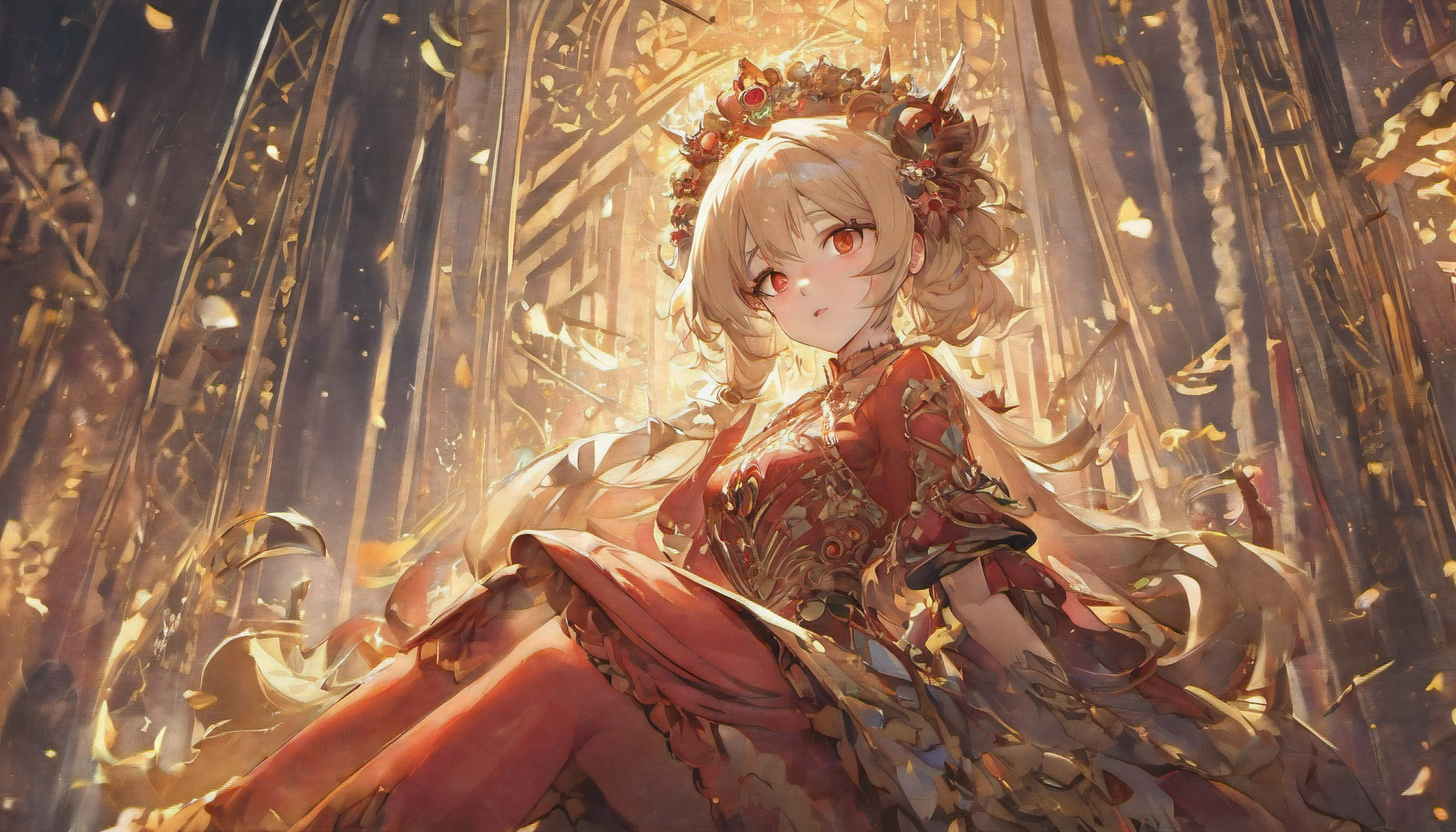 (Masterpiece:1.2), best quality, (illustration:1.2), (ultra-detailed), hyper details, (delicate detailed), (intricate details), (cinematic light, best quality Backlights), clear line, from below, soloist, perfect body, (1girl), silver hair and red eyes, (emperor, black see-through clothes), (Red crown: 1.1), sitting on the throne, eyes slightly closed, head down, (smirk: 1.2 ), (makeup), high contrast, (best illumination, an extremely create and beautiful), (cinematic light), colorful