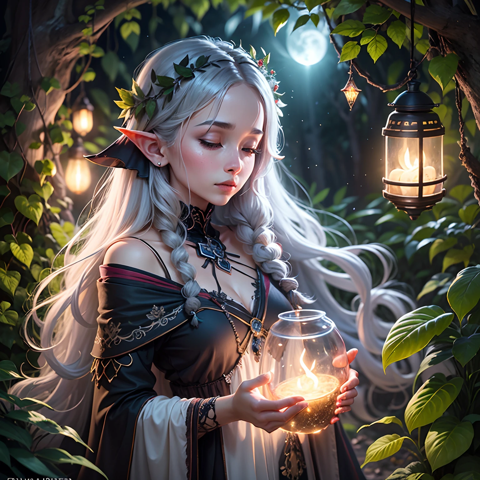 "Selective focus, low angle, Guweiz's style, fairy dust trails drift on the night breeze amid softly glowing wisps, a magical dark jungle glade sheltered beneath towering ancient rainforest trees resonates with a serene primal ambience on a moonlit night, strands of string lights woven through vines and branches, a beautiful dark elf lays dreaming beneath the stars and bioluminescent flora wrapped in a long black cloak with intricate silver embroidery, gracefully pointed features peeking from tousled locks illuminated by a wisp drifting overhead, listening to the jungle's midnight song, --auto --s2