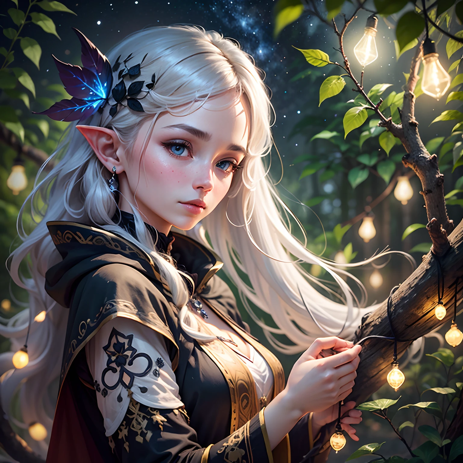 "Selective focus, low angle, Guweiz's style, fairy dust trails drift on the night breeze amid softly glowing wisps, a magical dark jungle glade sheltered beneath towering ancient rainforest trees resonates with a serene primal ambience on a moonlit night, strands of string lights woven through vines and branches, a beautiful dark elf lays dreaming beneath the stars and bioluminescent flora wrapped in a long black cloak with intricate silver embroidery, gracefully pointed features peeking from tousled locks illuminated by a wisp drifting overhead, listening to the jungle's midnight song, --auto --s2