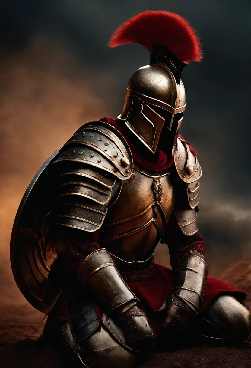 Spartan warrior, bloody armor, Battles on the battlefield, ,Take off your helmet and hold it,On his knees, Facing the front, Seriously injured and exhausted