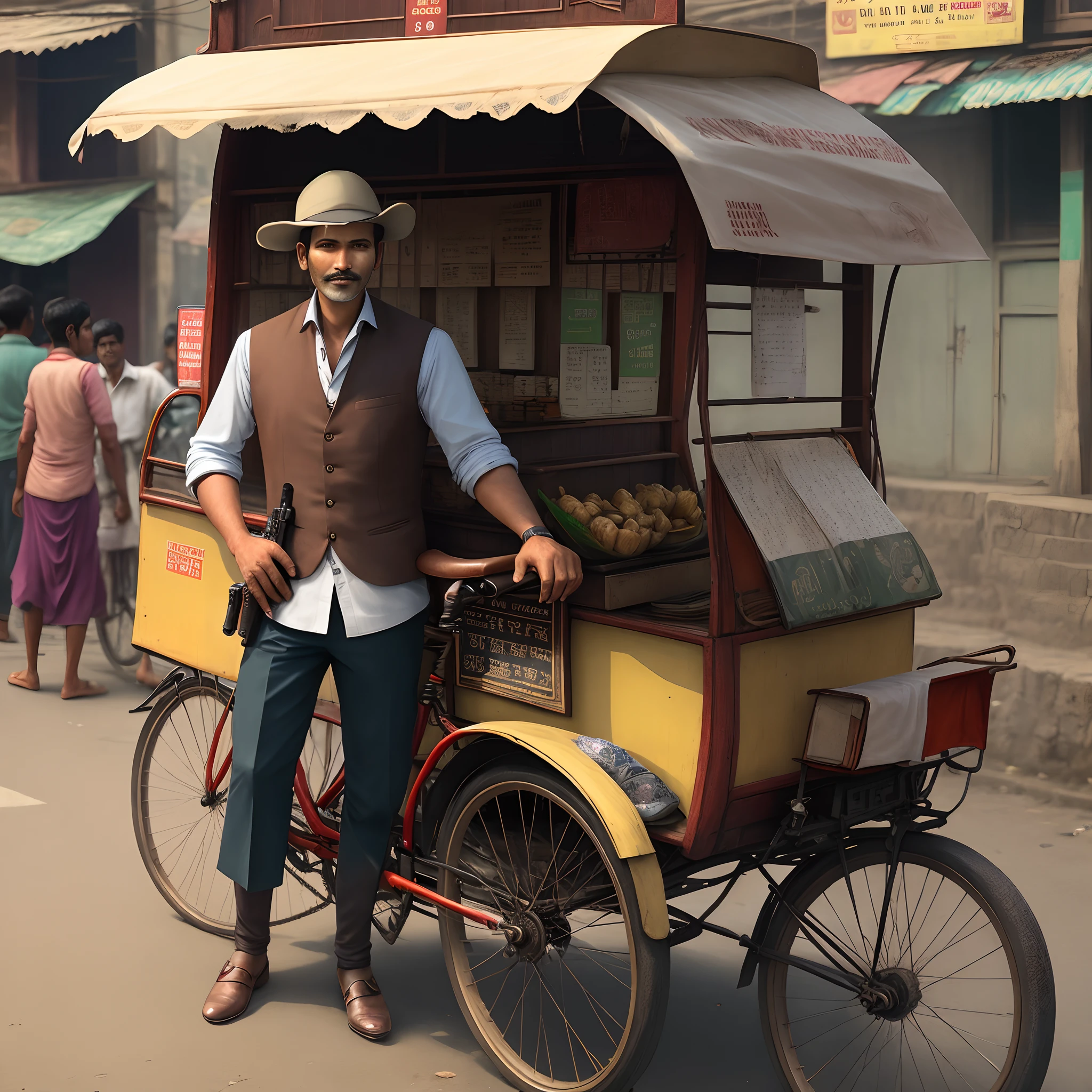A gunslinger near a rickshaw in Kolkata India