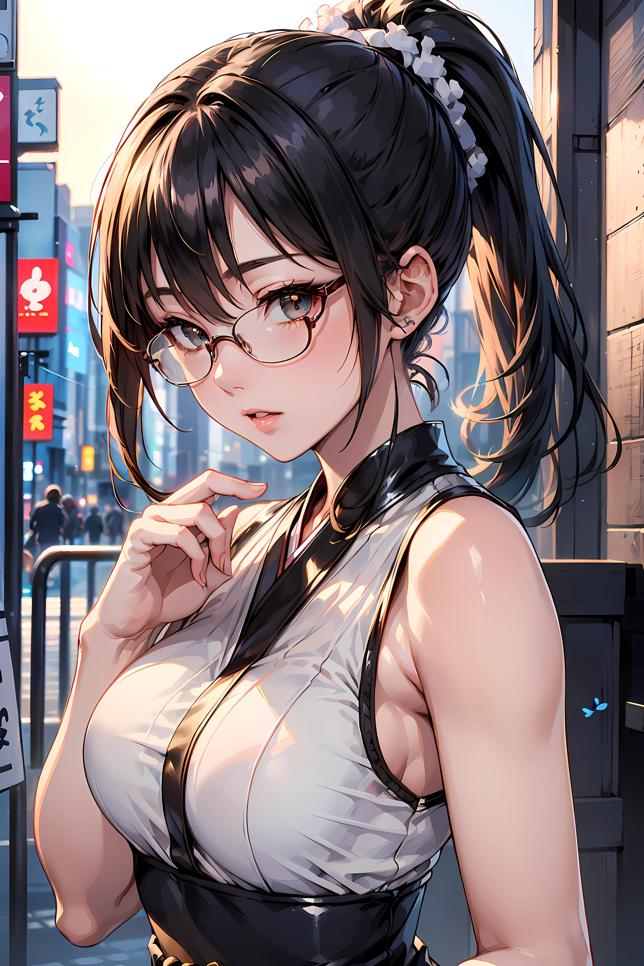(1glasses girl:1.3, solo), (Audrey Hepburn:1.3), (a extremely pretty and beautiful Japanese woman), (sexy girl), (professional attire:1.3), (22 years old: 1.1), (walking on red carpet:1.3), (attractive random posing:1.3), (in the Tokyo sation:1.3), (looking straight at you:1.3), (starring at you:1.3), (front view:1.3), break, (ponytail:1.3), (shiny-black thin hair:1.2), bangs, dark brown eyes, beautiful eyes, princess eyes, (big eyes:1.3), bangs, wearing a glasses:1.3, Hair between eyes, short hair:1.3, (slender:1.1), (small-medium-breasts:0.95), (thin waist: 1.15), (detailed beautiful girl: 1.4), Parted lips, Red lips, full-make-up face, (shiny skin), ((Perfect Female Body)), (upper body image:1.3), Perfect Anatomy, Perfect Proportions, (most beautiful Korean actress face:1.3, extremely cute and beautiful Japanese actress face:1.3), BREAK, (View viewer, wearing a lovely bitch coordinate, (insanely detailed white cotton tanktop:1.3), (beige leather skin pants:1.3), (pin-heels:1.3), detailed clothes, BREAK, (detailed Tokyo sation background:1.2), (splash playing blue butterflies background:1.2), (Studio soft lighting: 1.3), (fake lights: 1.3), (backlight: 1.3), BREAK, (Realistic, Photorealistic: 1.37), (Masterpiece, Best Quality: 1.2), (Ultra High Resolution: 1.2), (RAW Photo: 1.2), (Sharp Focus: 1.3), (Face Focus: 1.2), (Ultra Detailed CG Unified 8k Wallpaper: 1.2), (Beautiful Skin: 1.2), (pale Skin: 1.3), (Hyper Sharp Focus: 1.5), (Ultra Sharp Focus: 1.5), (Beautiful pretty face: 1.3), (super detailed background, detail background: 1.3), Ultra Realistic Photo, Hyper Sharp Image, Hyper Detail Image,