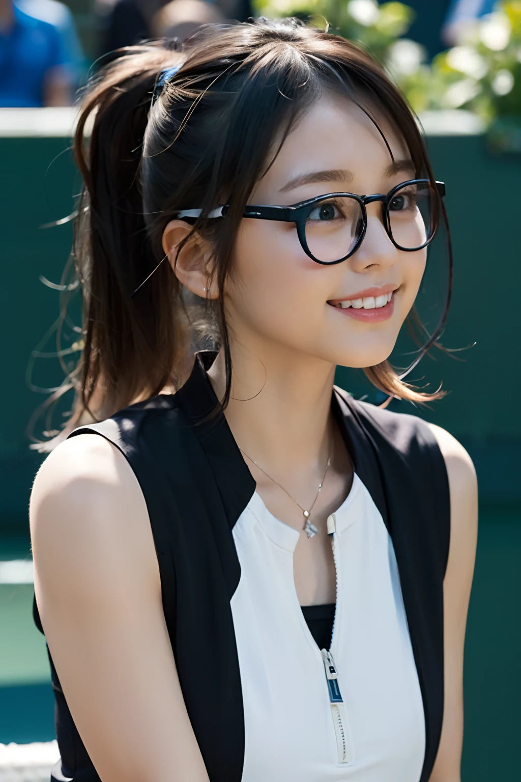 (8K、Raw photography、top-quality、masterpiece:1.2)、(realisitic、Photorealsitic:1.37)、ultra-detailliert、超A high resolution、 1 人、29yo、see the beholder、beautifull detailed face、Smile、Constriction、(Slim waist) :1.3)、Beautiful detailed skin、Skin Texture、Floating hair、Hair bunched into one、(Tennis Wear:1.4)、Professional Lighting、Barbecue area in autumn、tennis coat、(((Black square glasses )))、Whole human body、Black hair、((Shameful appearance))、