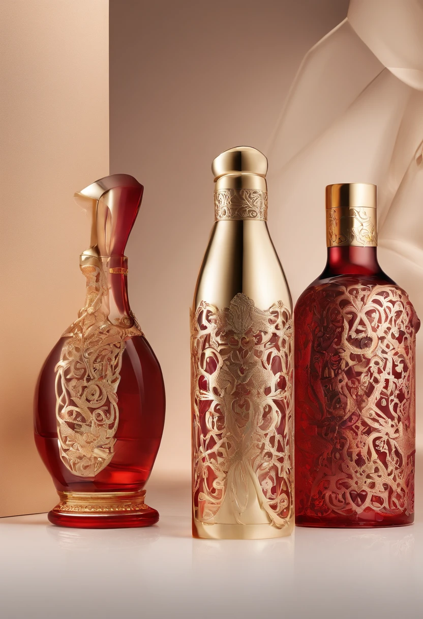 Alcohol advertising，High-end bottled wine，Simple，atmospurate，Fine，The red tone is predominant，gold filigree，The contents contain the outer packaging bottle