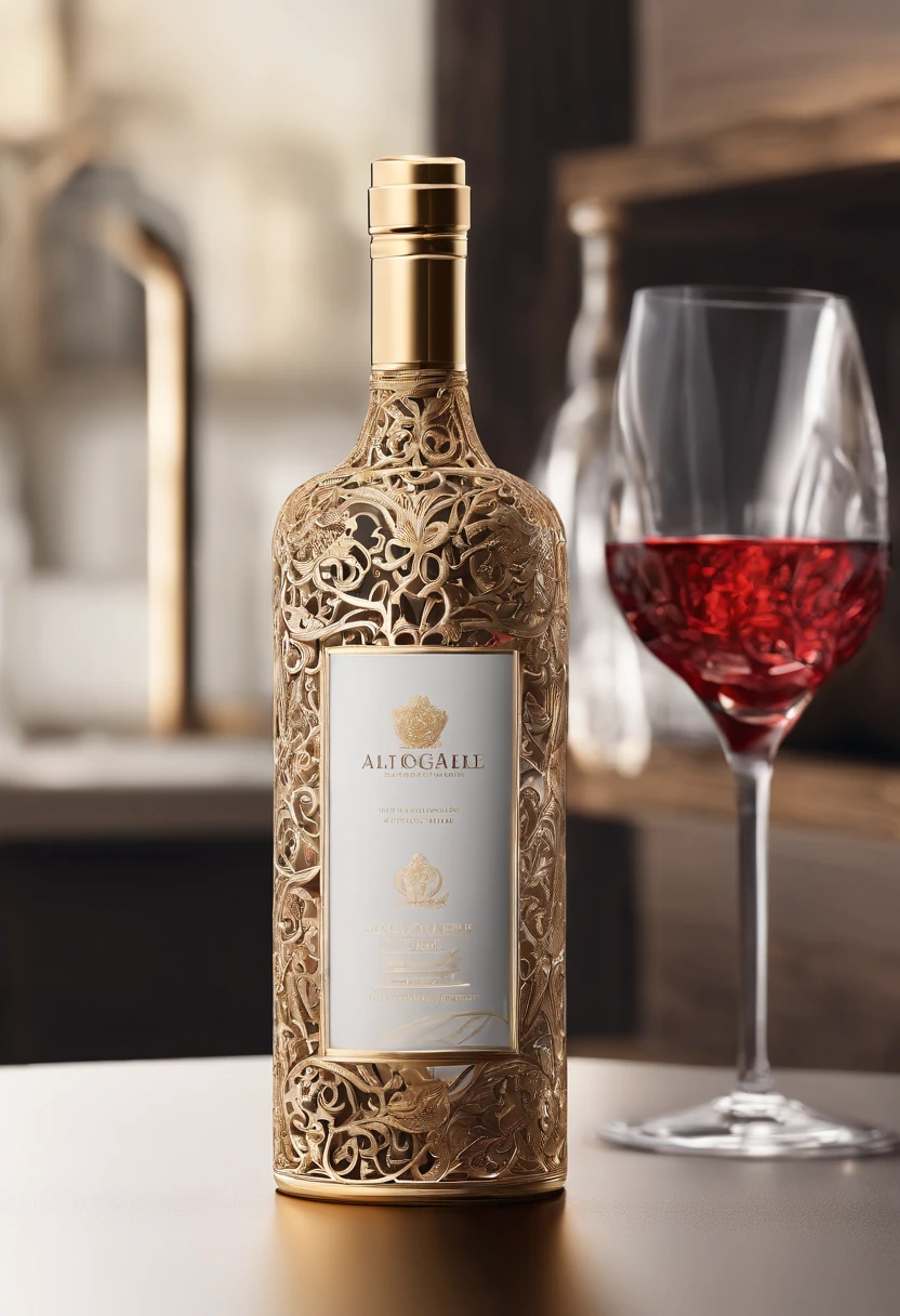 Alcohol advertising，High-end bottled wine，Simple，atmospurate，Fine，The red tone is predominant，gold filigree，The contents contain the outer packaging bottle