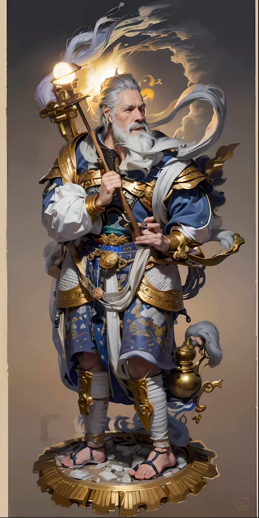 Handsome old man, mythical character，Grandpa，(((Gray hair fluttering)))，(((White beard)))，(((com um rosto quadrado)))，nobles，Lao Wang，One meter nine，small heads，long leges，Tall guy，com um rosto quadrado，Strong facial muscles，Peng Yuyan，Basketball player body proportions，Chinese model，Asian people，looking toward the viewer，Blue pupil，The body is well-proportioned，Long legs，Straight back，Fitness trainer，Movie stars are glamorous,(((Heads-up)))，Handsome，Oriental，muscular face，Muscular body，Perfect proportions，The muscles have expressions in both eyes，King Yan Luo stared ahead，Without glasses，(((Golden lotus throne)))，The man wears a white shirt，(((Ancient Roman clothing)))，silkouette，White yarn，There are muscles，(((Ancient Roman white clothes)))，Shirtless，(((Head background with round light)))，(((Behind it is the sun)))，(((The man emits a bright and dazzling light)))，King Yan took away the metal weapon，Take the Skeleton Staff as an example，Barefoot on both feet，Step on the nasturtium，photorealestic，professional photoshooting，Realiy，超高分辨率，tmasterpiece，