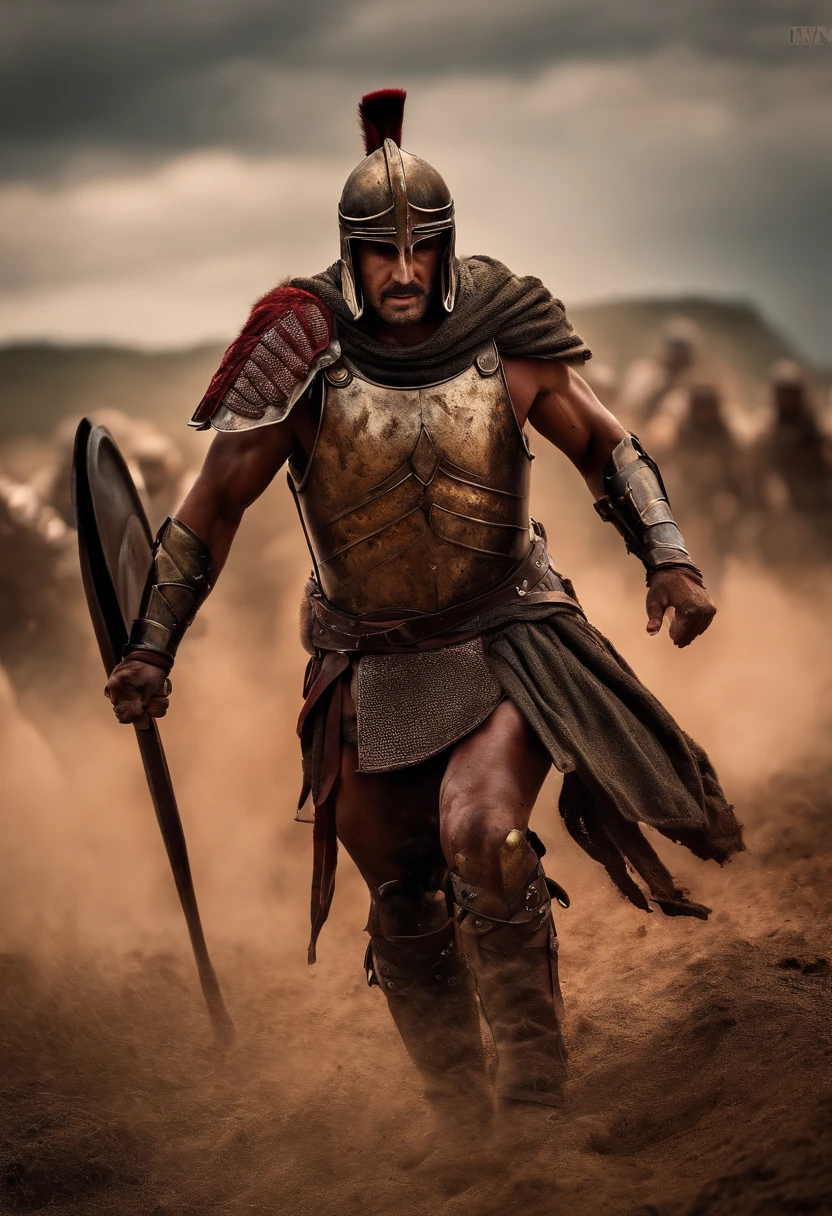 Spartan warrior, bloody armor, Battles on the battlefield, ,Take off your helmet and hold it,On his knees, Facing the front, Seriously injured and exhausted