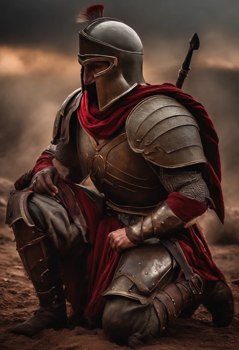 spartan warrior, dying , bloody armor, on battlefield, on his knees, epic, 8k