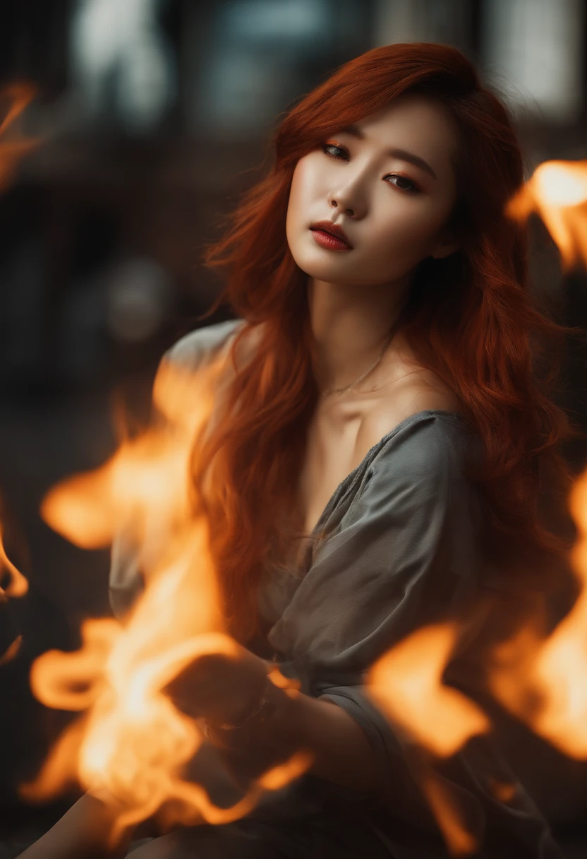 portraiture, Broken glass effect, Vivid yellow flame, Ethereal sparks, Mesmerizing colors, ((Beautiful Korean woman, Clear face))，Strong gaze, Flowing fiery red hair, Dynamic aerial pose, Broken environment, Urban chaos background, cinematic backlighting, Strong contrast, postapocalyptic vibes, 85mm prime lens, Canon EOS R6, Wide aperture, HDR enhancement, 4K 分辨率, Visual storytelling, Emotional intensity, The phoenix appears.(Realistic flamethrower，What a smoke)，