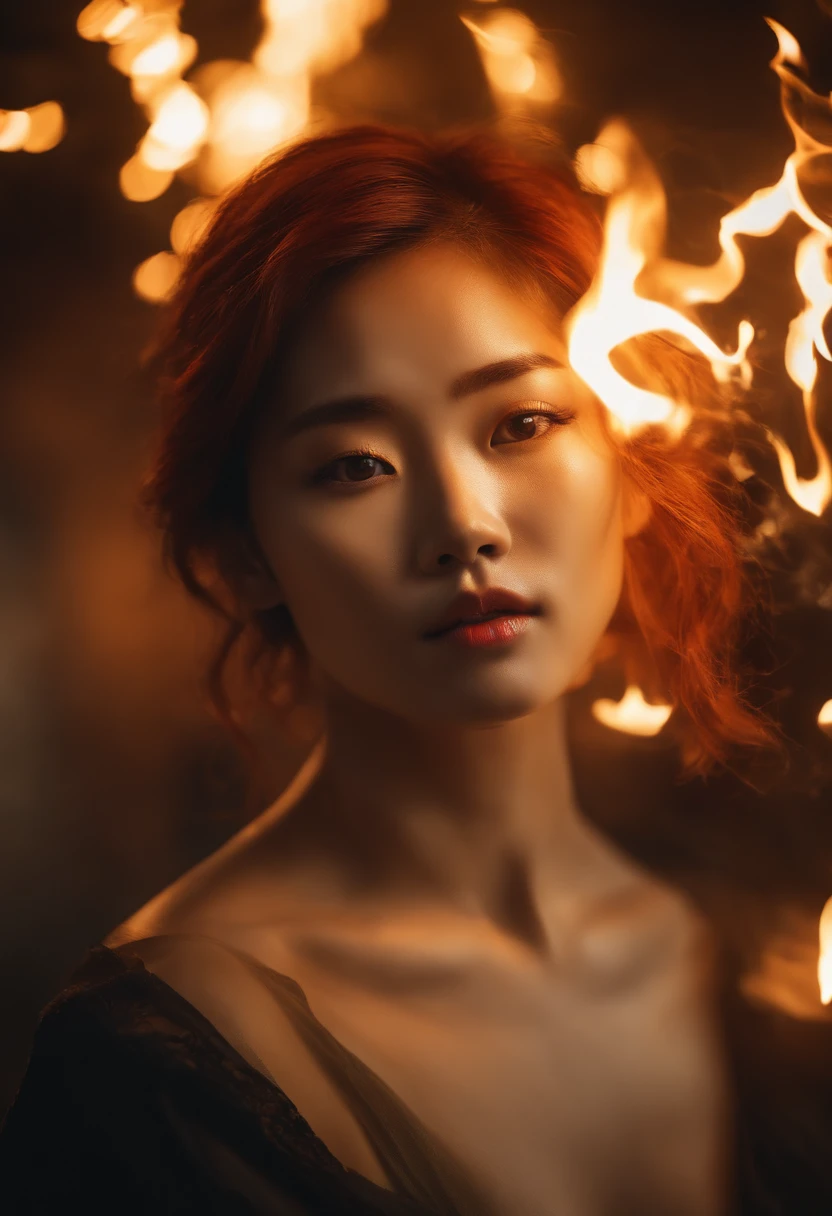 portraiture, Broken glass effect, Vivid yellow flame, Ethereal sparks, Mesmerizing colors, ((Beautiful Korean woman, Clear face)),Strong gaze, Flowing fiery red hair, Dynamic aerial pose, Broken environment, Urban chaos background, cinematic backlighting, Strong contrast, postapocalyptic vibes, 85mm prime lens, Canon EOS R6, Wide aperture, HDR enhancement, 4K 分辨率, Visual storytelling, Emotional intensity, The phoenix appears.(Realistic flamethrower,What a smoke),