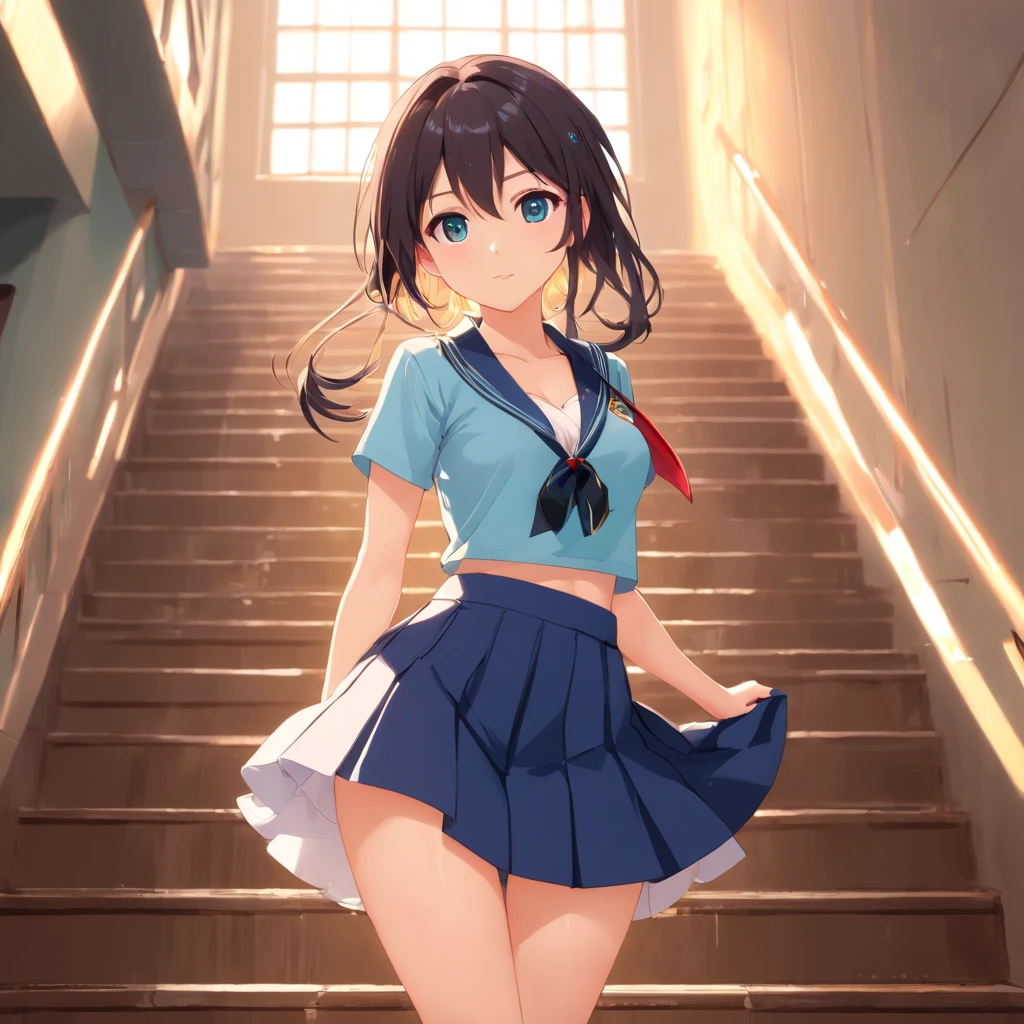 1 beautiful girl, Light blue long hair、Black eyes、美丽的面容, (shapely body:1.2), Realistic, High Definition CG Unified Wallpaper 8K, ighly detailed, Raw high-definition color photos, Professional Photography, Realistic portrait, ciinematic light, Beautiful detailed, (Beautiful breasts), (Breast cleavage:1.2), (Wide-chested uniform:1.2), (Mini skirt:1.3), (White panty)、(:1.5), cameltoe details, Indoors, School, (Best Quality:1.4), ((Climb the stairs))、((Turn you to me:1.5))、super detailing, hiquality, (look from down)