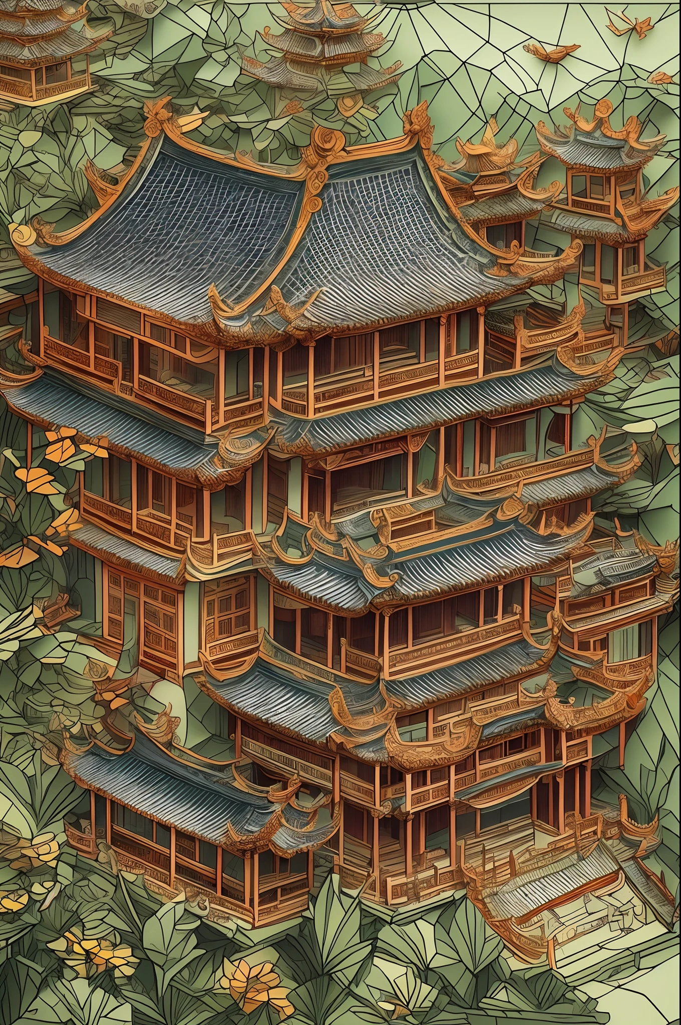 MDJRNY-PPRCT,Chinese architecture，Chinese Ancient Architecture，Traditional Chinese style house，The style of paper art,themoon，very complex details,  Many levels, Masterpiece,offcial art，in a panoramic view，complete figure