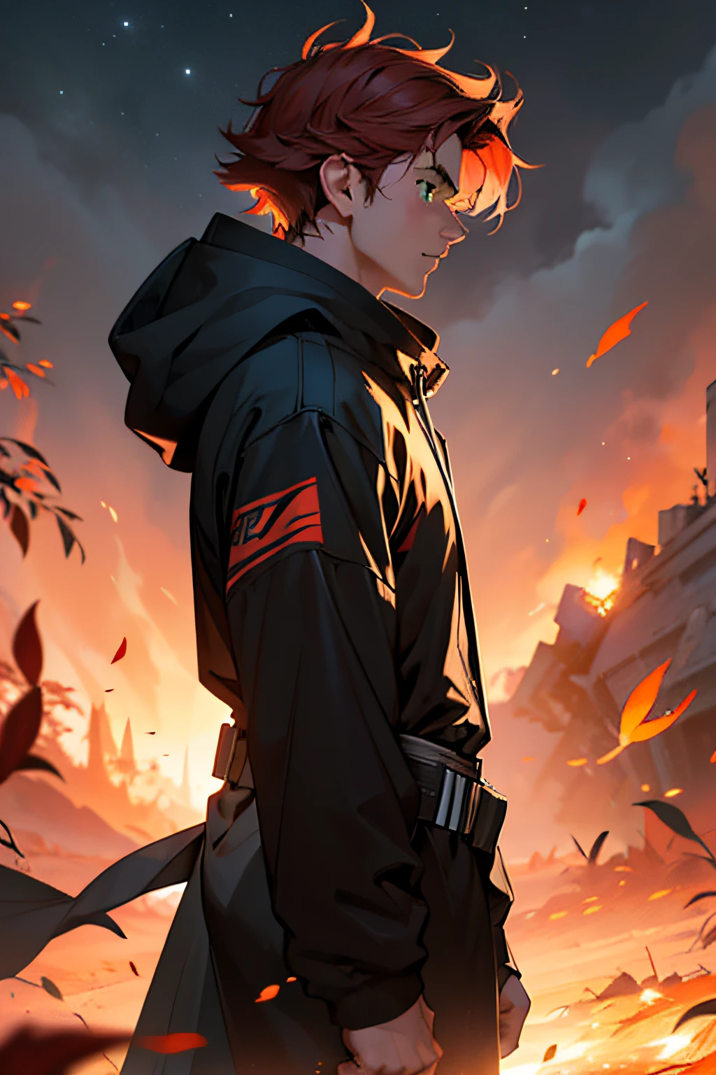 ung man, handsome face, side view profile, fit body, short natural red hair, freckles, green eyes, golden ratio, scifi, wearing hoodie, holding flaming katana, wind in the hair, cape blowing in the wind, fall, sunset, bokeh background, absurdres, high res, ultrasharp, 8K, masterpiece, cinematic lighting, sparkling pupils, scifi, space, night, fire, embers, dust, burned ground, burning autumn leaf, destruction, giant pheonix in the background, destruction, storm