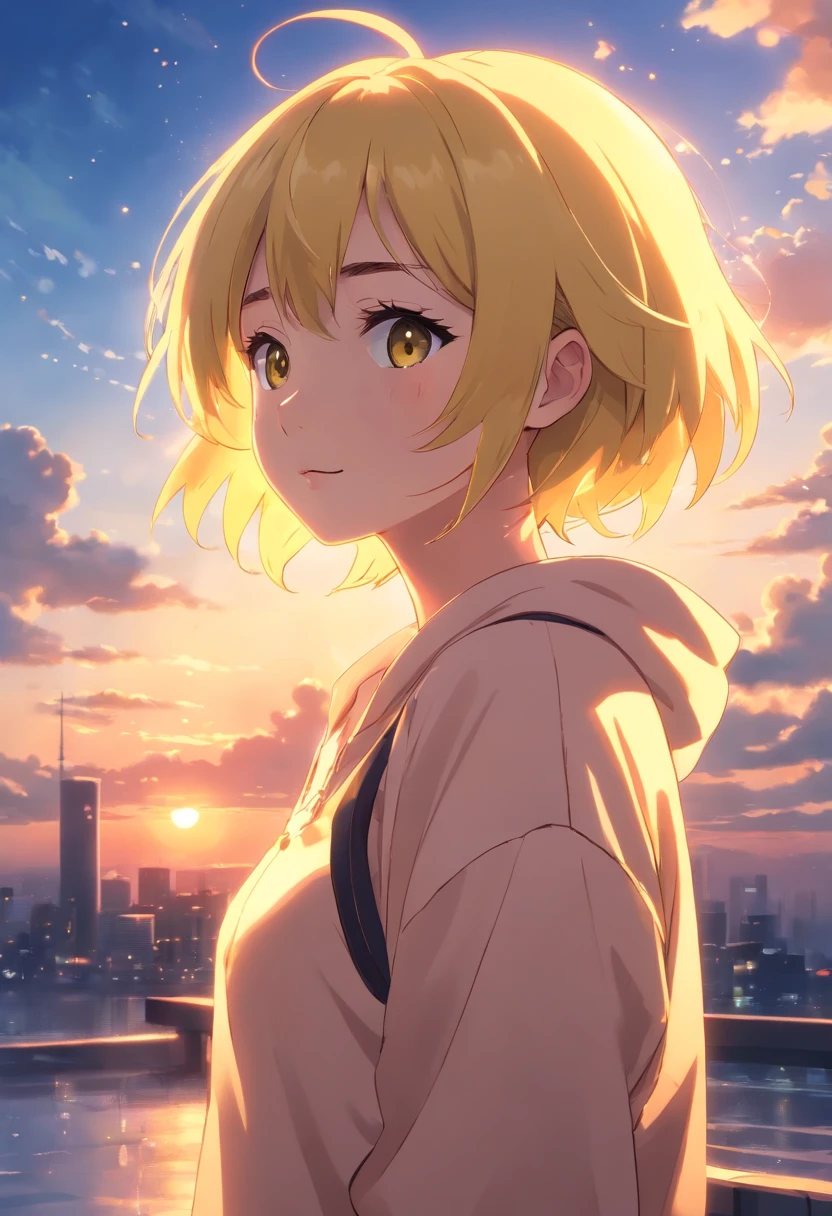masterpiece, best quality, movie still, girl with yellow hair, cloud girl, set on sharp object, bright, happy, warm soft lighting, sunset, (sparks:0.7),wet cloth