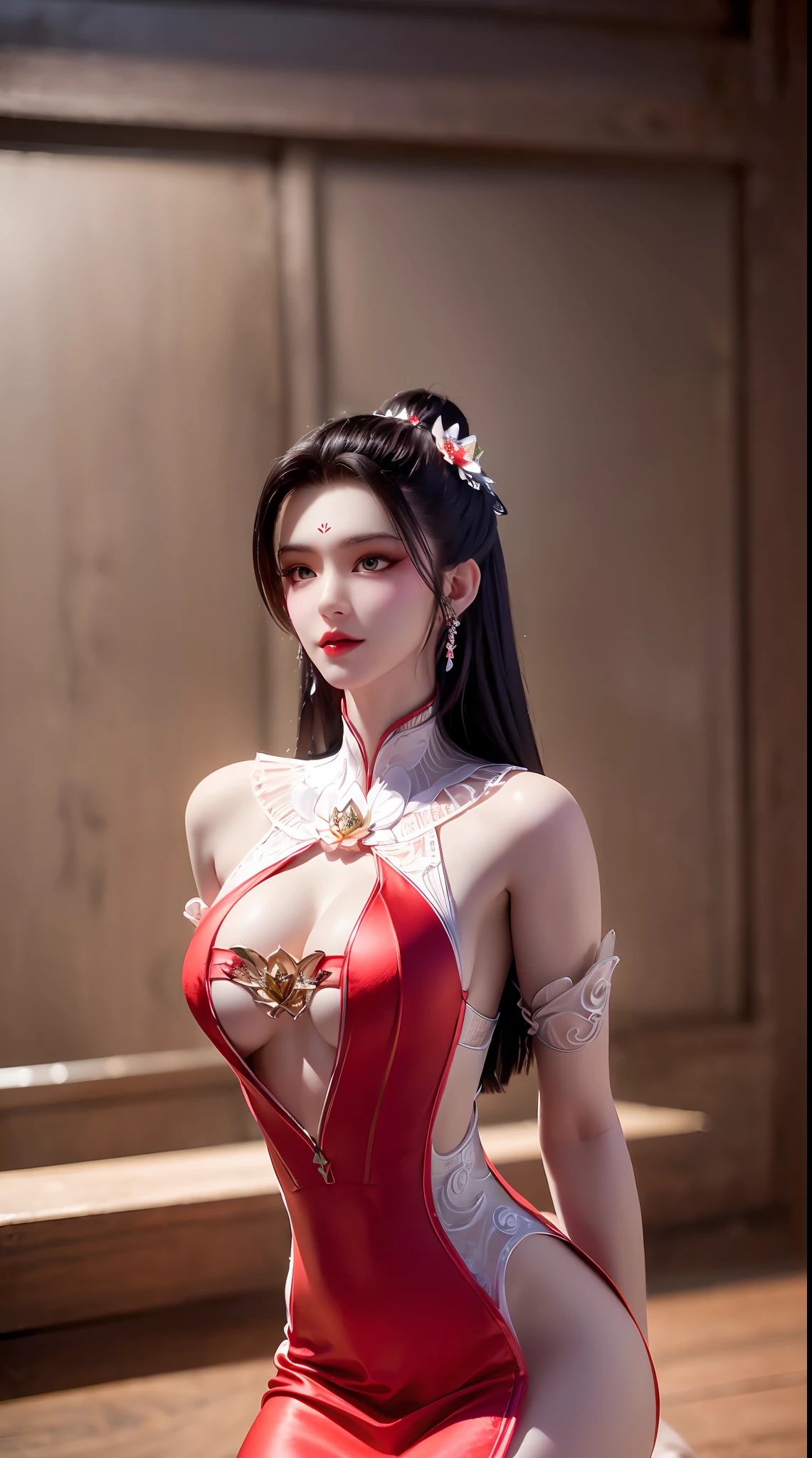 1 beautiful and sexy 20 year old girl, ((wearing a super thin red dress:1.8)), a dress with diamonds, black chest border with gold border, long hair and white bangs, detailed hair jewelry and most beautiful, Super cute , Very pretty face, sparse eyebrows, flawless beautiful face, ((black pupils:0.8)), very beautiful eyes, ((red eyes:1.4)), beautiful and detailed eyelashes and very magical makeup, high nose, earrings, thin lips, red lips, no smile, beautiful lips, rosy face, clean face, flawless beautiful face, smooth white skin, ( big breasts: 0.9)), Blums breasts, ((big and super round breasts): 0.9)), ((super tight breasts: 1.2)), ((breast augmentation: 0.8)), beautiful breasts, sitting on the floor, chest facing forward, upper body of pretty girl, 8k photo, super high quality, super realistic, 10x super pixel, realistic photo, bright studio, light border, two-tone light color, skin (high high detail): 1.2) , 8k ultra, soft light, high quality, light volume, realistic, Image, high resolution, light, Best photo, 4k, 8k quality, effects blur, Smooth and sharp, 10 x pixels, aurora, lightning, super sharp graphics, most realistic graphics ,((red flower background: 1.7)), alone, solo, portrait 9: 16, Extremely sharp, surreal images."