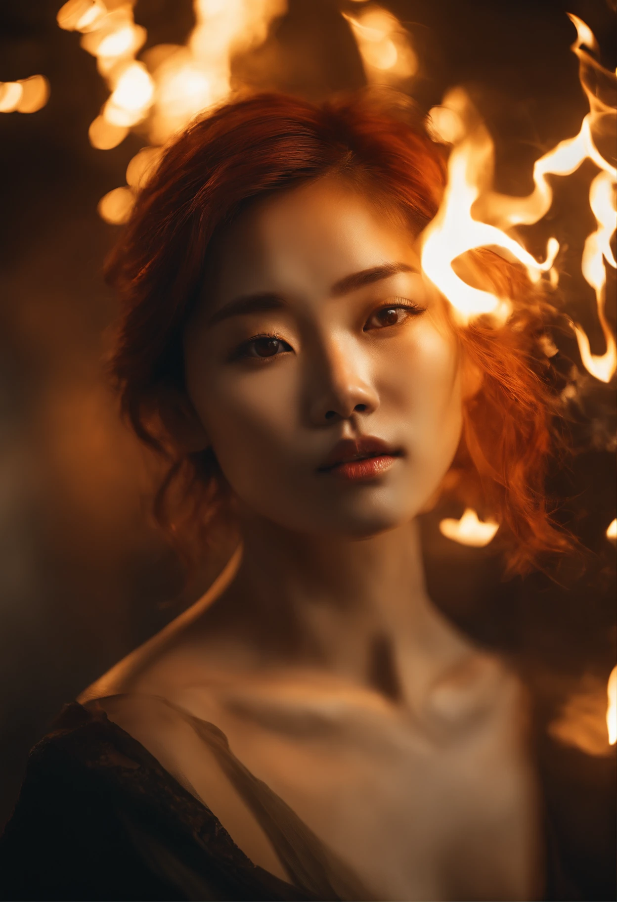 portraiture, Broken glass effect, Vivid yellow flame, Ethereal sparks, Mesmerizing colors, ((Beautiful Korean woman, Clear face))，Strong gaze, Flowing fiery red hair, Dynamic aerial pose, Broken environment, Urban chaos background, cinematic backlighting, Strong contrast, postapocalyptic vibes, 85mm prime lens, Canon EOS R6, Wide aperture, HDR enhancement, 4K 分辨率, Visual storytelling, Emotional intensity, The phoenix appears.(Realistic flamethrower，What a smoke)，