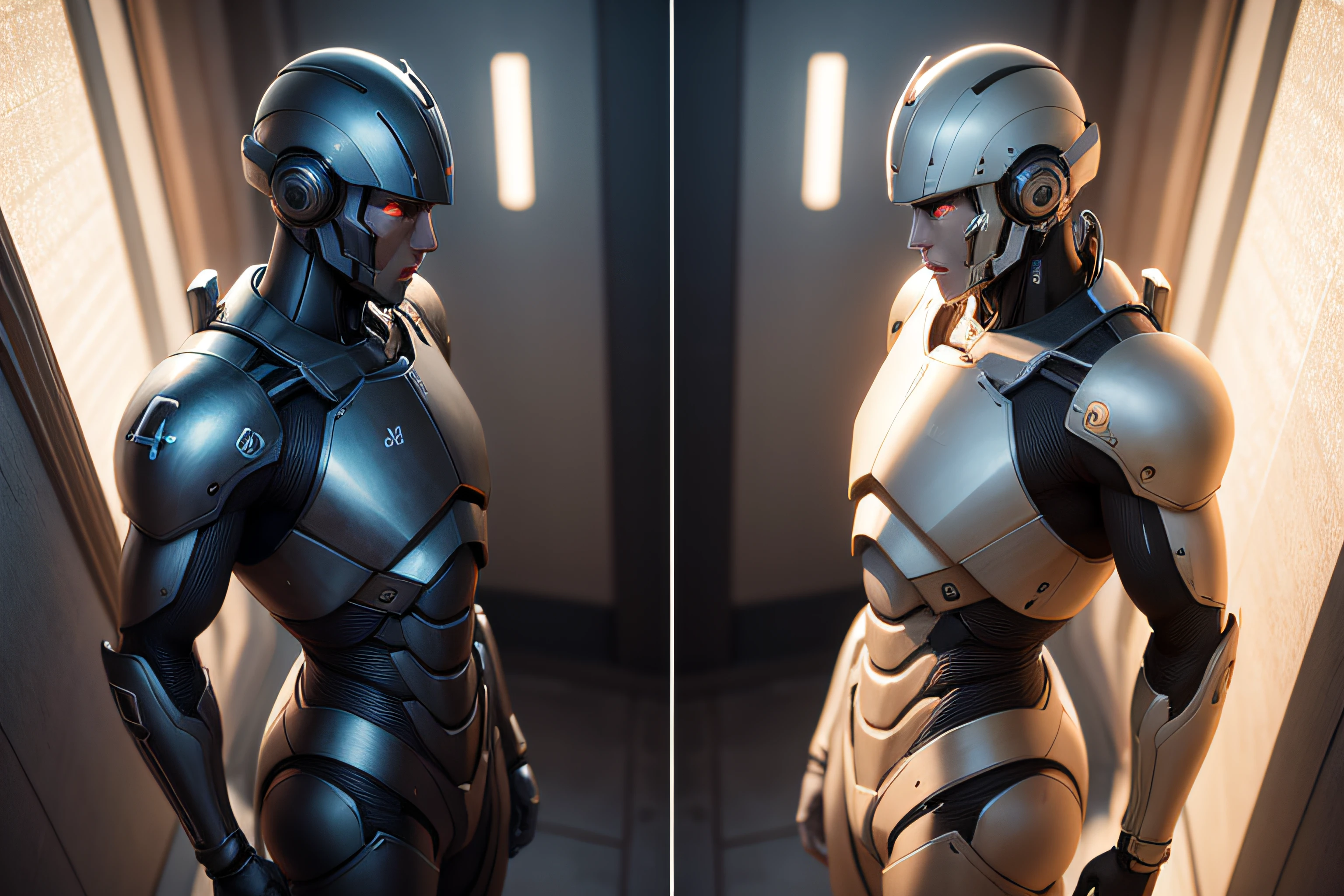 Human male and android standing side by side、Angle from diagonally above、Natural light、photos realistic