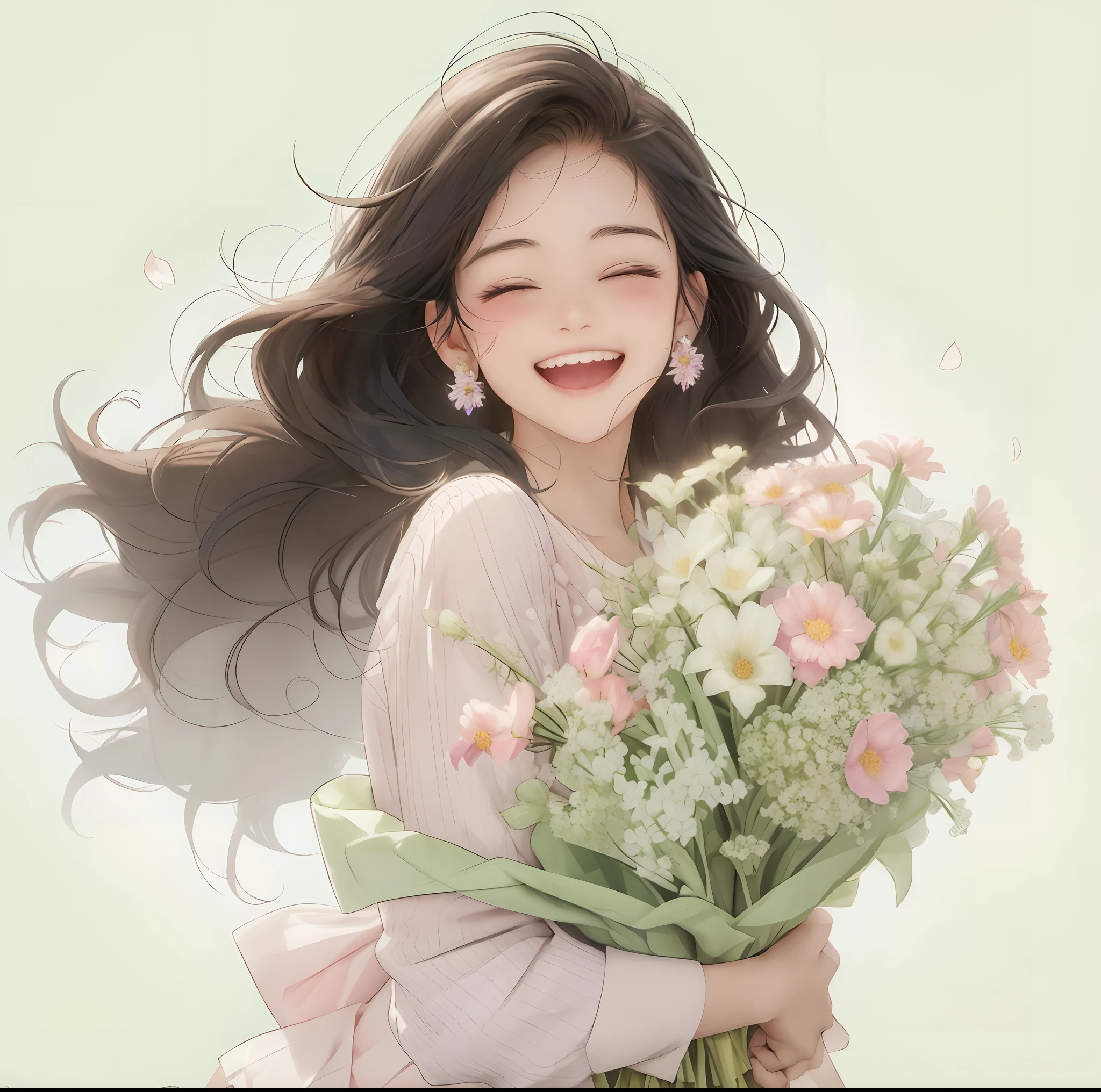 Anime girl holding flowers in her hand，With a smile on his face,Gorgeous Hair in Long Purple， With flowers, Guviz, she expressing joy, beautiful and smiling, laughing sweetly, Lovely smile, with a beautiful smile, happy and spirited expression, and she smiling，Very happy, Guviz-style artwork