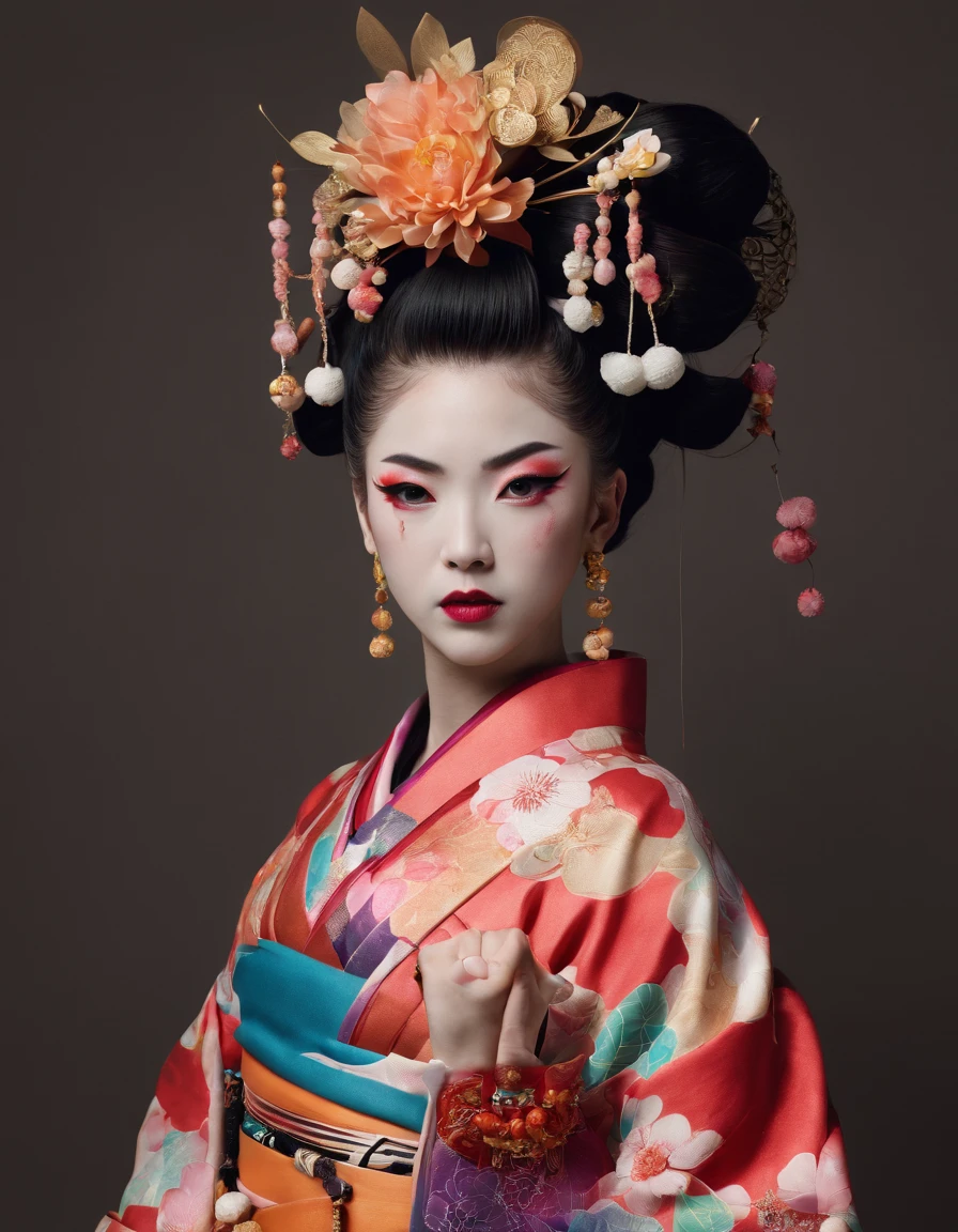 Divine and gorgeously decorated oiran,she is a very elegant and beautiful 18 year old girl. Her face is gorgeously decorated.