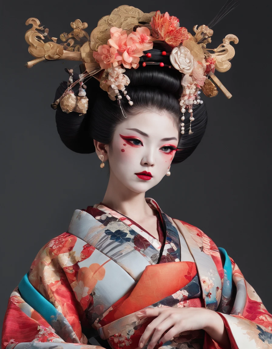 Divine and gorgeously decorated oiran,she is a very elegant and beautiful 18 year old girl. Her face is gorgeously decorated.