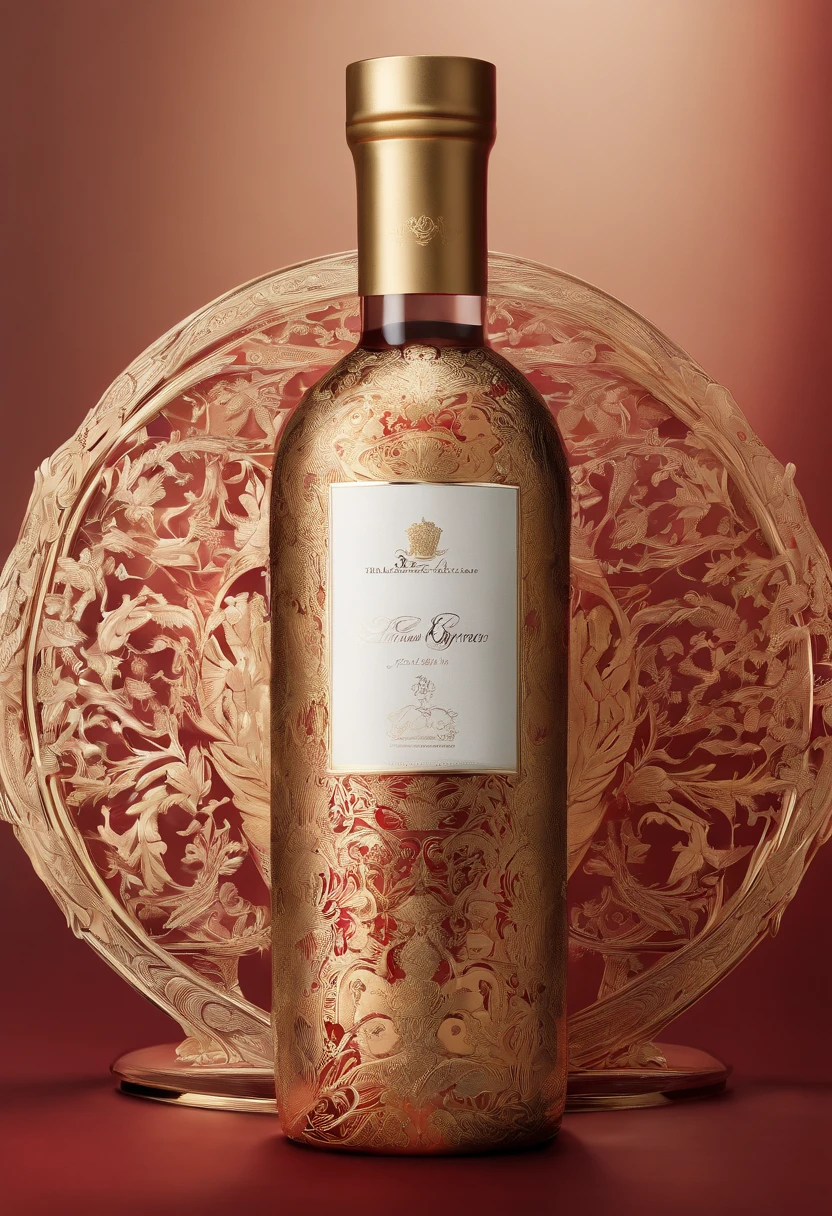 Alcohol advertising，High-end bottled wine，Simple，atmospurate，Fine，The red tone is predominant，gold filigree，The contents contain the outer bottle