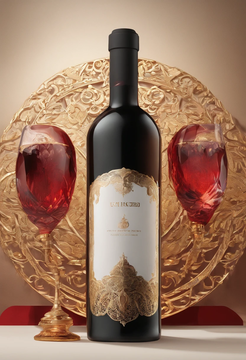 Alcohol advertising,High-end bottled wine,Simple,atmospurate,Fine,The red tone is predominant,gold filigree,The contents contain the outer bottle
