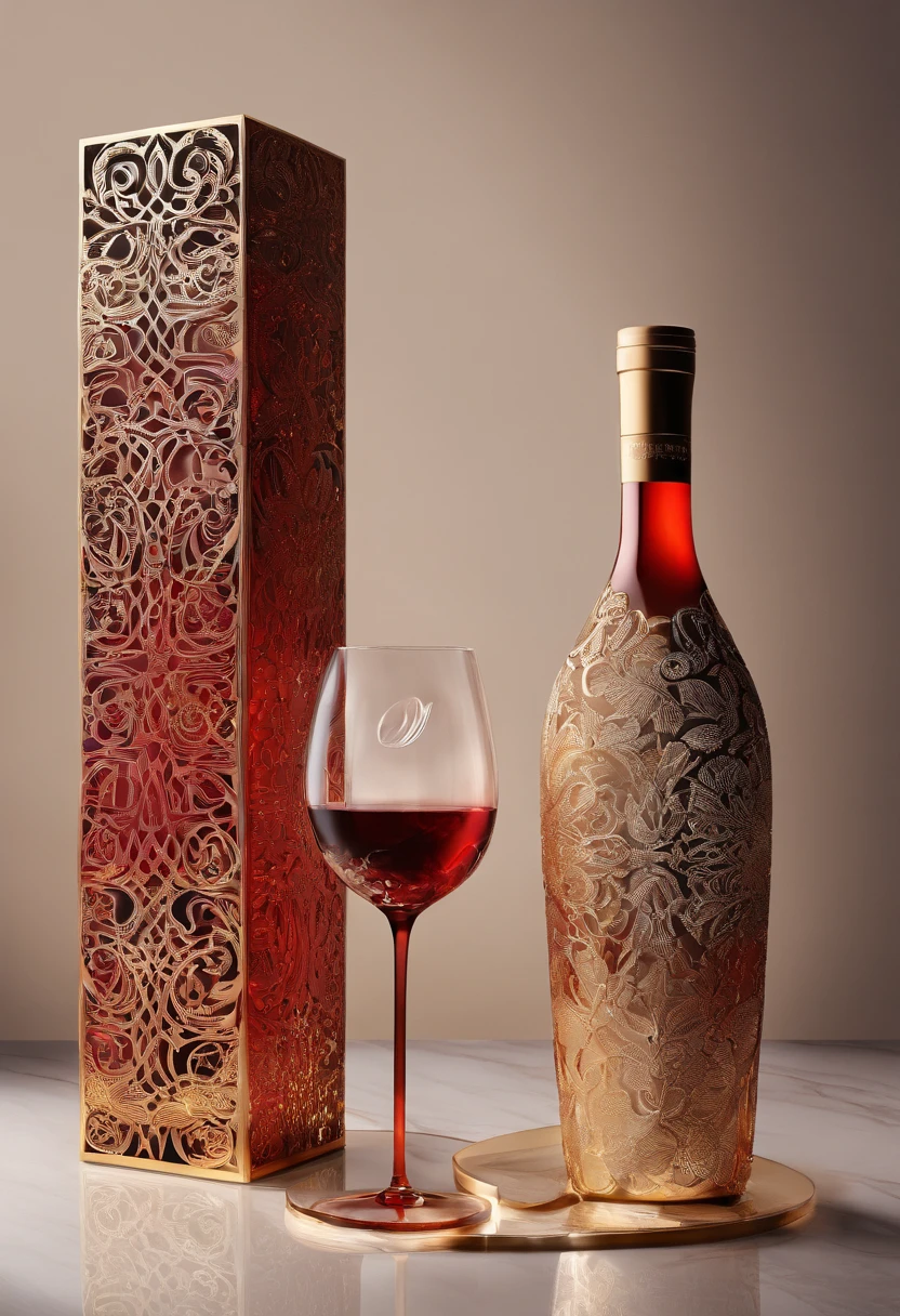 Alcohol advertising,High-end bottled wine,Simple,atmospurate,Fine,The red tone is predominant,gold filigree,The contents contain the outer bottle