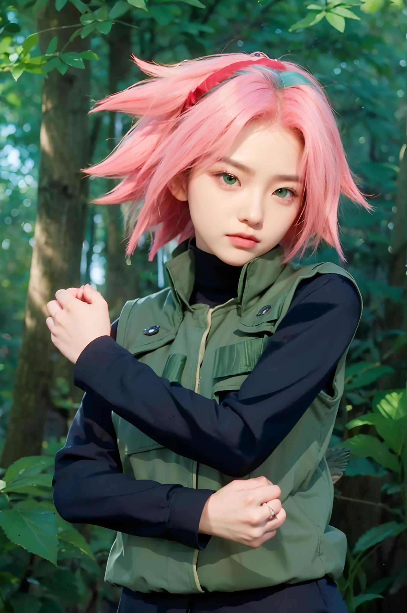 real life adaption of this character, korean beautiful face,realistic outfit wear thick green vest,detailing green eyes,realistic pink hair with red bandana,realistic background,hyper realistic,realism,realistic light, realistic shadow,(photorealistic:1.2),looking to viewer,(red bandana)