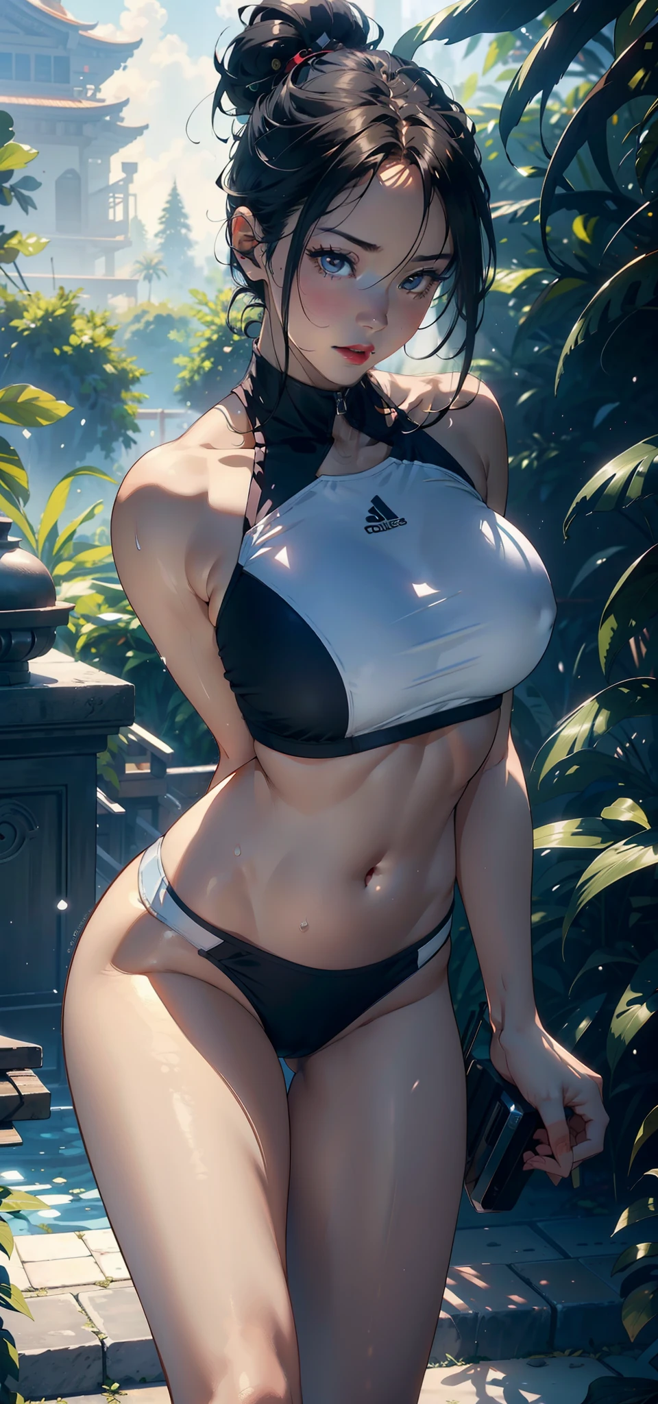 1female,35yo,plumw,extremely large bosom,Big breasts Thin waist,Long legs, 独奏,(Background with:,tropical,Deep in the forest,Athletics field,),legs are open,Bare genitalia,Bare , She has short black hair,standing on your feet,seen from the front, single hair bun, mostly cloudy sky,(((tmasterpiece),(Very detailed CG unity 8K wallpaper),best qualtiy,cinmatic lighting,detailed back ground,beatiful detailed eyes,Bright pupils,Black eyes,Snow-whiteskin,Redlip(Very fine and beautiful),(Beautiful and detailed eye description),ultra - detailed,tmasterpiece,))facing at camera,A high resolution,ultra - detailed),revealing breasts,Bare genitalia, Bulge,legs are open,Raised sexy,Camel toes,Flushed complexion,Desire for dissatisfaction,frontage,athlete,Athletics suit,athletic sneakers,