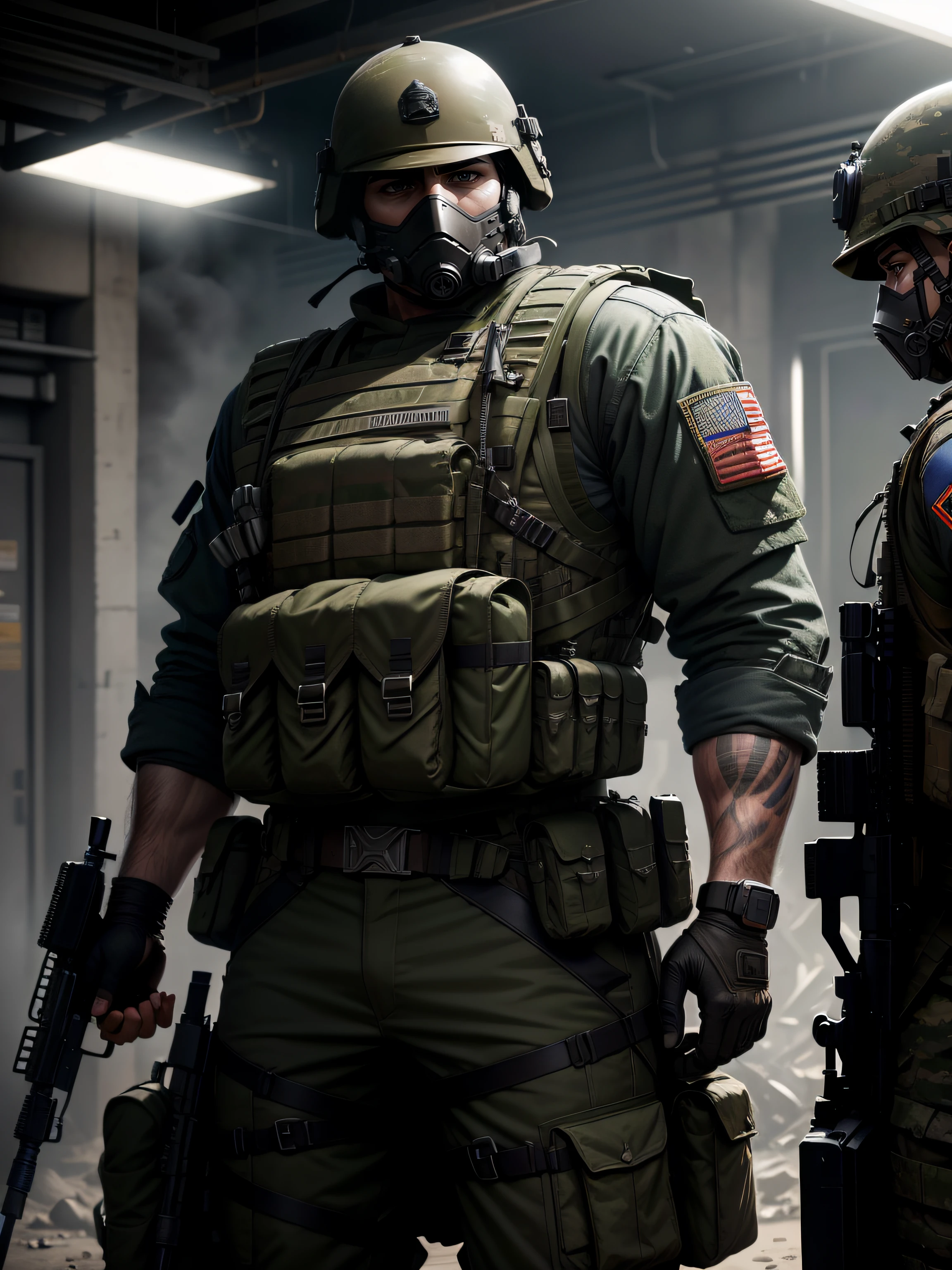 Soldiers in dark medical uniforms and assault rifles, ruined background, Realistic, Stylish, Assault vests, hdr, Intricate details, ultra - detailed, Cinematic, rim-light, danger atmosphere,