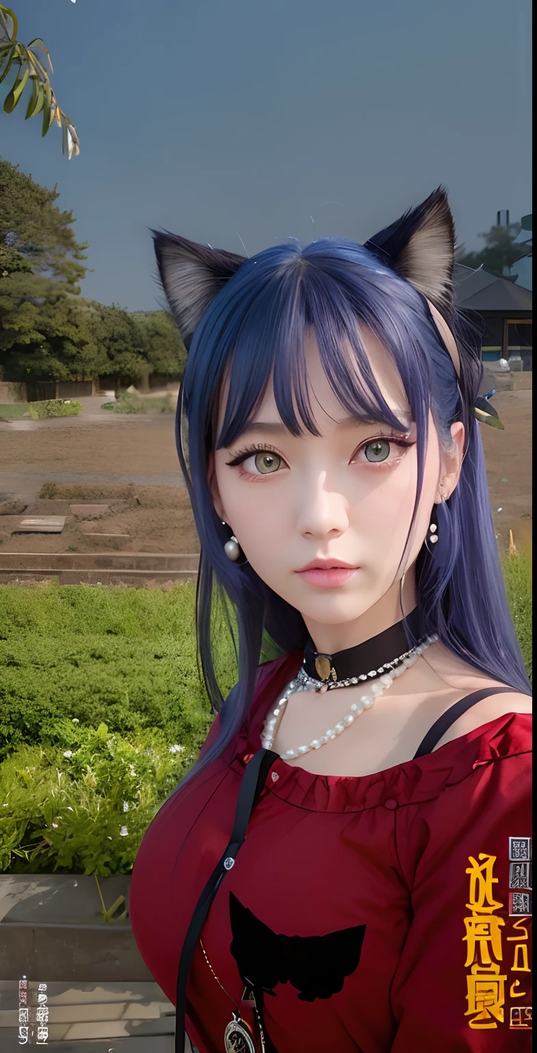 beautiful girl, long blue hair, big red eyes, cat ear decoration, red jacket, black necklace, pearl earrings, detailed Japanese face, realistic, high detail, high resolution, garden background,selfie.Big breasts,