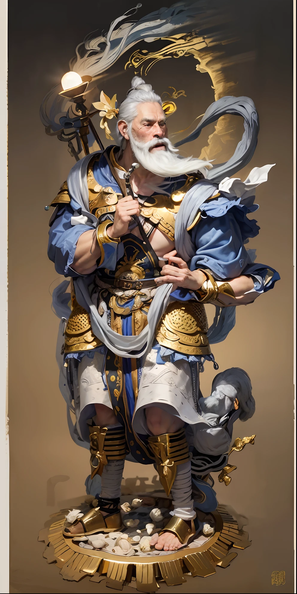 Handsome old man, mythical character，Grandpa，(((Gray hair fluttering)))，(((White beard)))，(((com um rosto quadrado)))，nobles，Lao Wang，One meter nine，small heads，long leges，Tall guy，com um rosto quadrado，Strong facial muscles，Peng Yuyan，Basketball player body proportions，Chinese model，Asian people，looking toward the viewer，Blue pupil，The body is well-proportioned，Long legs，Straight back，Fitness trainer，Movie stars are glamorous,(((Heads-up)))，Handsome，Oriental，muscular face，Muscular body，Perfect proportions，The muscles have expressions in both eyes，King Yan Luo stared ahead，(((Golden lotus throne)))，The man wears a white shirt，(((Ancient Roman clothing)))，silkouette，White yarn，There are muscles，(((Ancient Roman white clothes)))，Shirtless，，(((Head background with round light)))，(((Behind it is the sun)))，(((The man emits a bright and dazzling light)))，King Yan took away the metal weapon，Take the Skeleton Staff as an example，Barefoot on both feet，Step on the nasturtium，photorealestic，professional photoshooting，Realiy，超高分辨率，tmasterpiece，