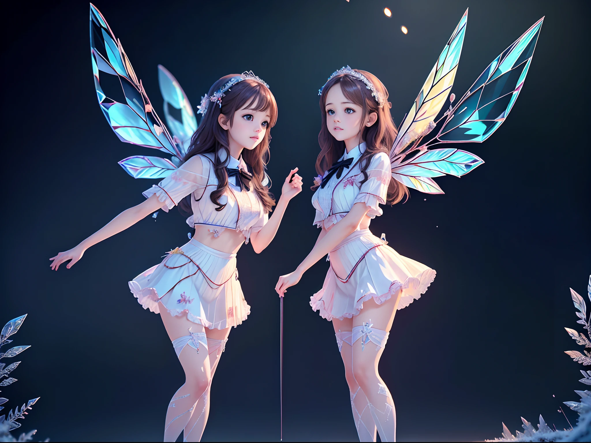 2 beautiful schoolgirls, (Full body like:1.4), detailed and accurate depth of fields,8K, A high resolution, masterpiece, beautiful wallpapers, high quality, high detail, the perfect face, butterfly, dragonfly, crystallineAI, fractal art, forest, winter, ribbon