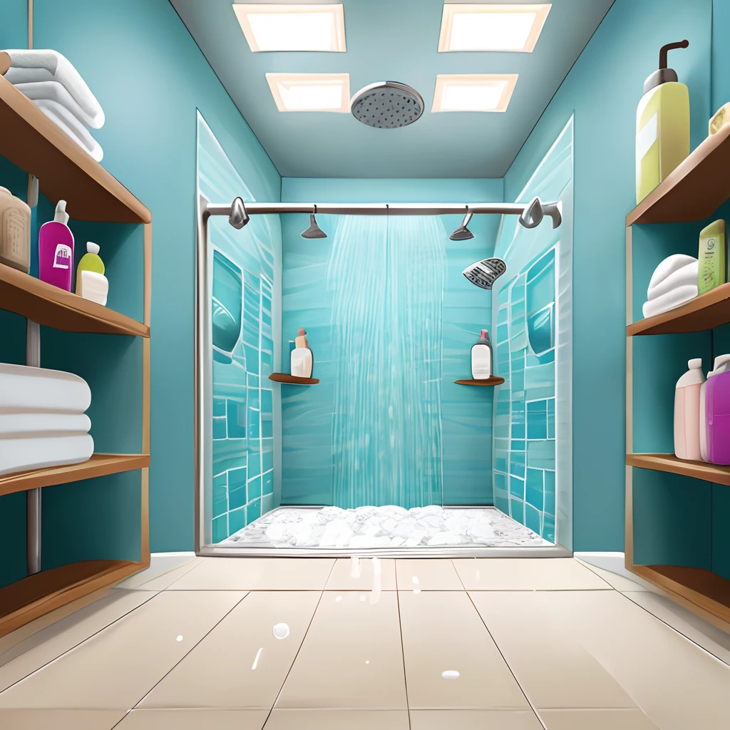 (Bathroom, walk in shower, large shower, open shower door, shelves in shower), (soap bottles, soap), ((detailed environment)), (perspective from down low, low view)