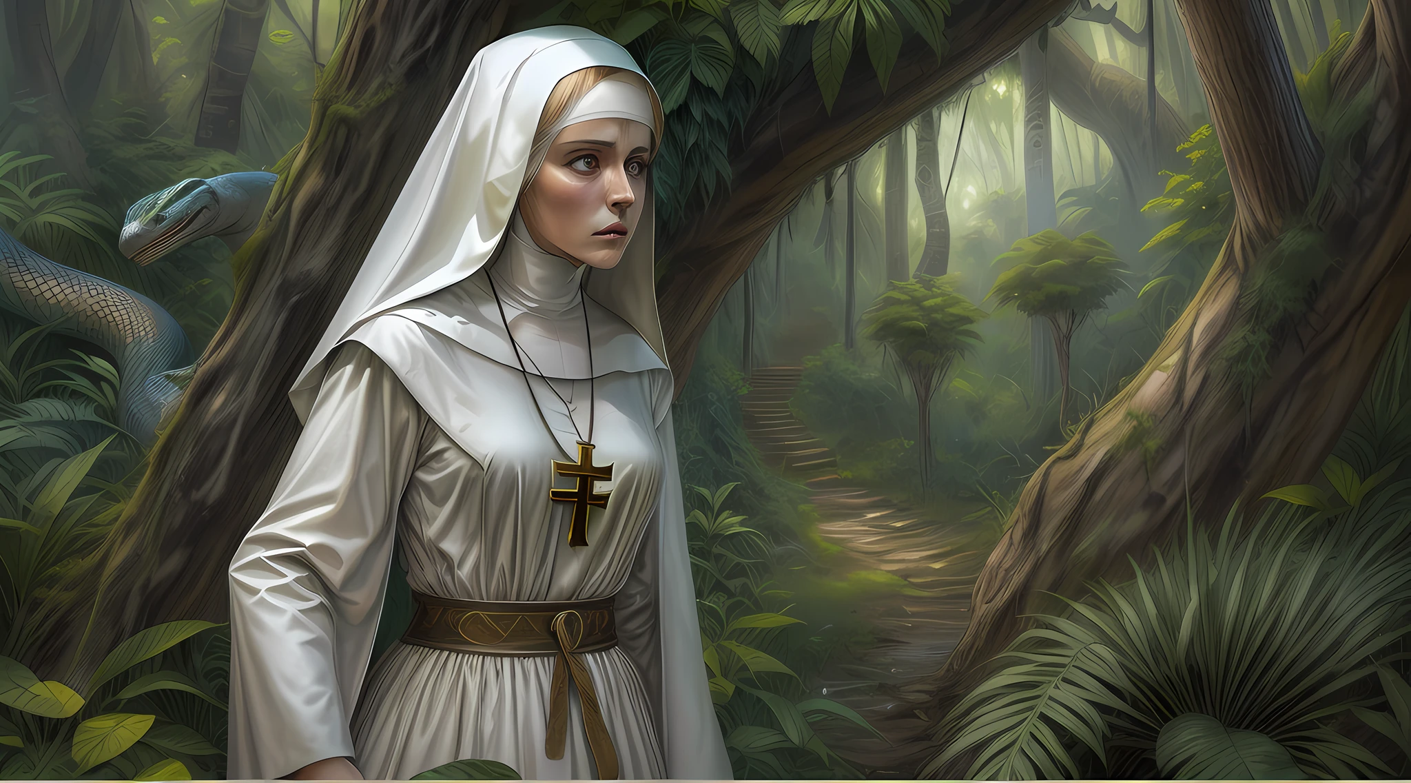 fantasy art, RPG art, a picture of a catholic nun getting lost in the jungle, a woman nun, wearing nun habit, dynamic colors nun habit, full body, an exquisite beautiful (ultra detailed, Masterpiece, best quality), best detailed face (ultra detailed, Masterpiece, best quality), blond hair, short hair, dynamic eyes color, wearing a cross, sense of confusion and lost, yet god is with her, divine light, jungle trees, (a snake: 1.1) lurking by, high details, fantasy art, RPG art best quality, 16k, [ultra detailed], masterpiece, best quality, (ultra detailed), full body, ultra wide shot, photorealistic, modelshoot style