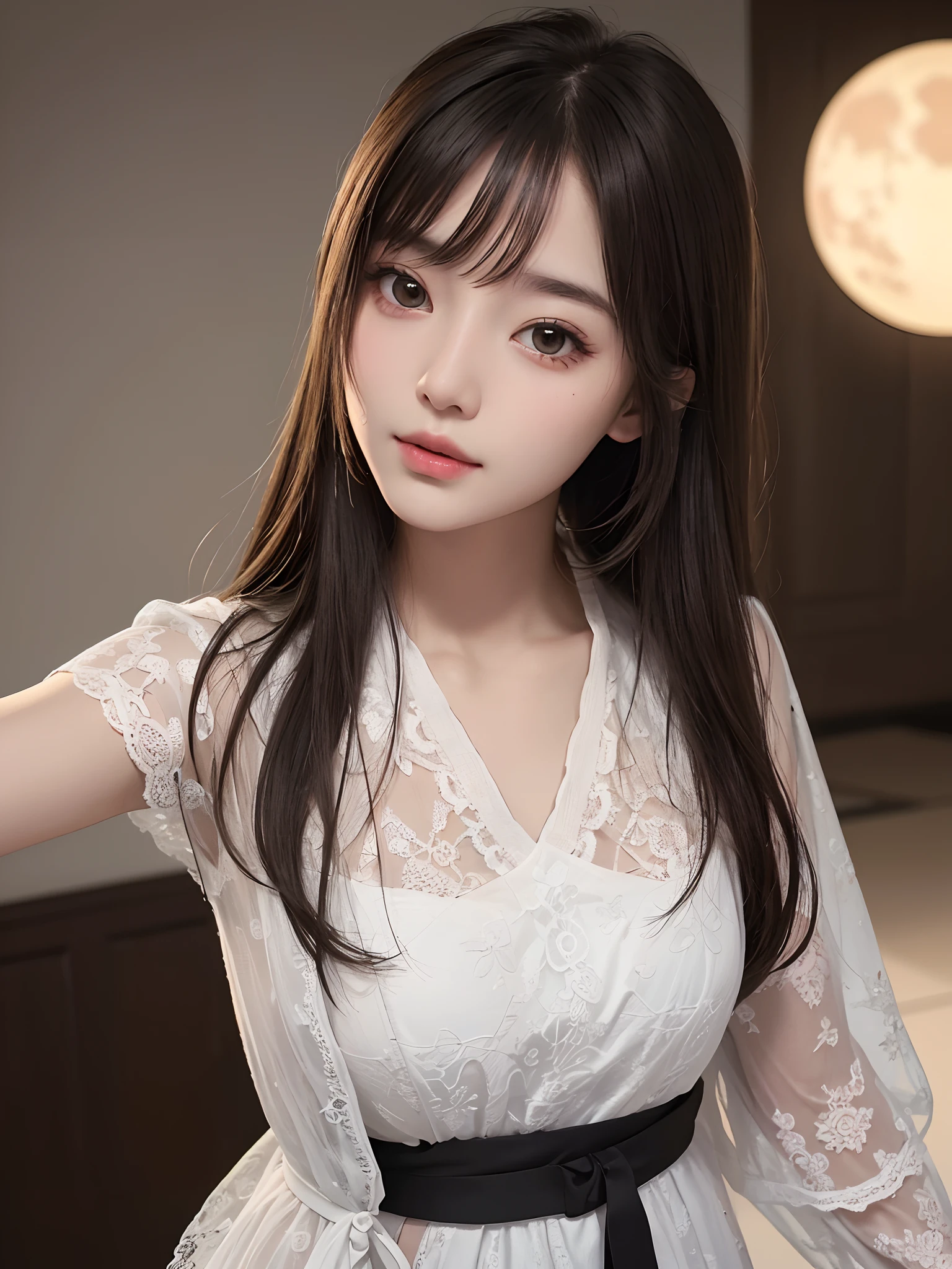 tmasterpiece, Best picture quality, high high quality, beuaty girl, jpn, japanese school girl, Popular Korean makeup, A detailed, Swollen eyes, Detailed eyes, Detailed skins, Beautiful skins, 超A high resolution, (Realistis: 1.4), is very beautiful,Lace ribbon covers eyes, Slightly younger face, Beautiful skins, Slim, (Ultra photo realsisim), (illustratio), (A high resolution), (8K), (highly detailed), (Most Best Illustration), (eyes in beautiful detail), (ultra-detailliert), (the wallpaper), (A detailed的脸), looking at viewert, finely detailled,A detailed的脸,pureerosfaceace_V1,ssmile,Staring straight ahead,Staring straight ahead,The angle of the waist up,photograph of-realistic,Bright lights,profesional lighting,blond hairbl,long whitr hair,Dark ruins,Big Red Moon,Gorgeous red and black dress,Mature woman,Long fashion bangs,Kiss shooting, needle leaf cherry Orion heart sub-blade