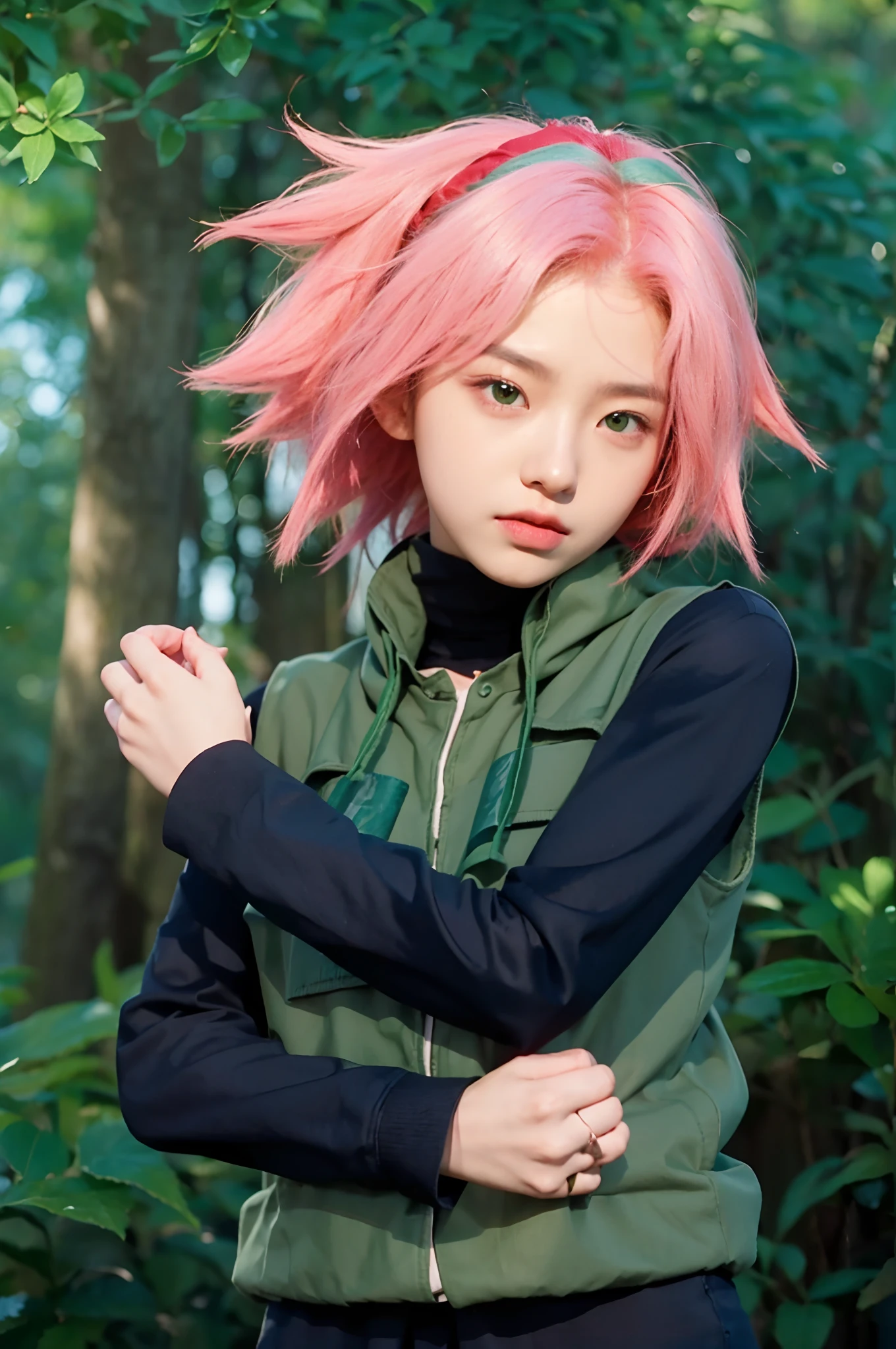 real life adaption of this character, korean teen beautiful face,realistic outfit wear thick green vest,detailing green eyes,realistic pink hair with red bandana,realistic background,hyper realistic,realism,realistic light, realistic shadow,(photorealistic:1.2),looking to viewer,((red bandana on head))