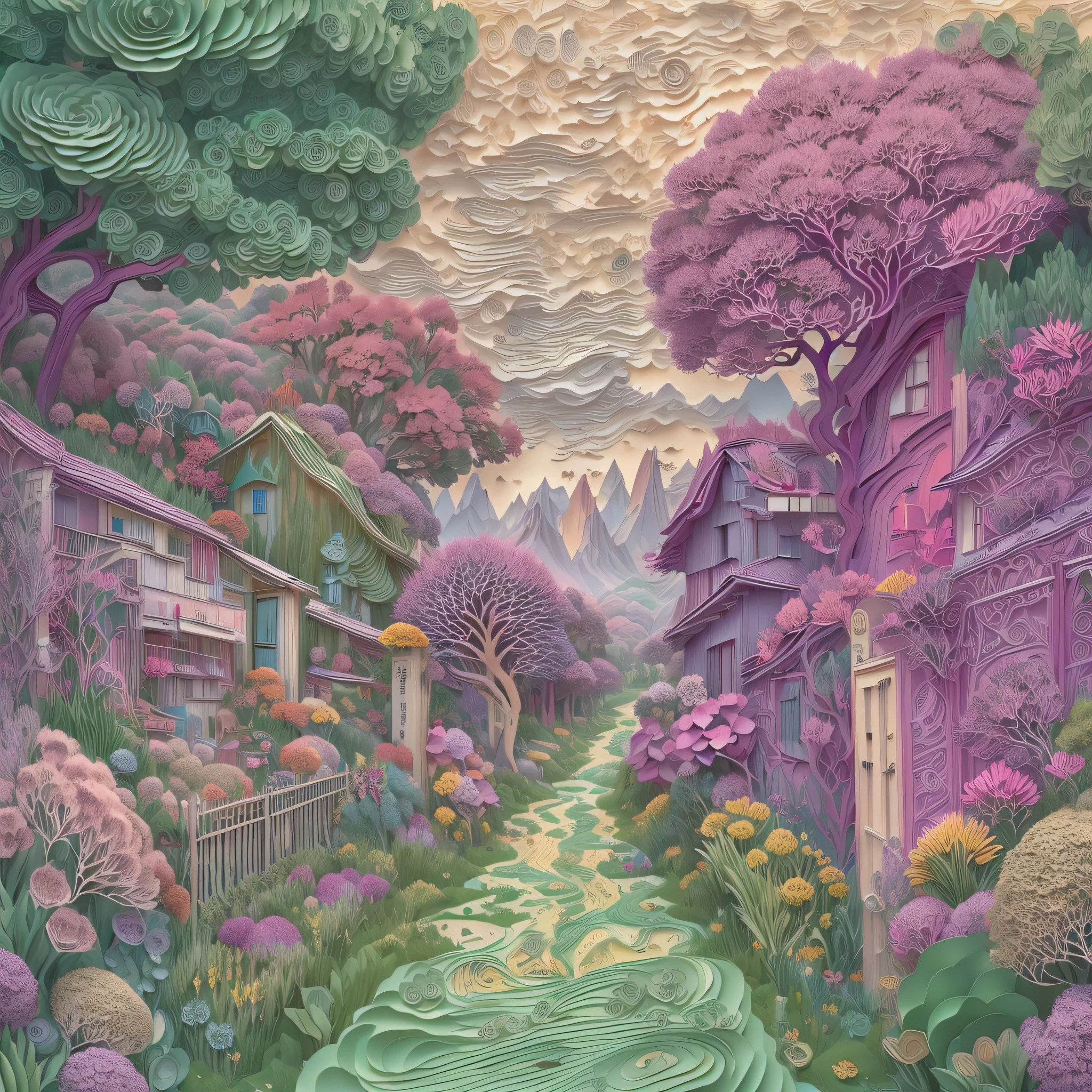 (wide wide shot),Paper Cuttings style:the night,bridge, Building, Bush, City, Cloud, day, Door, fence, Field,orest, sonoko, Grass, house, hydrangea, Mountain, Nature, No_Humanity, Outdoors, paths, plant, potted_plant, purple_flower, Road, scenery, sky, skyscraper, traditional_Mediums, tree,